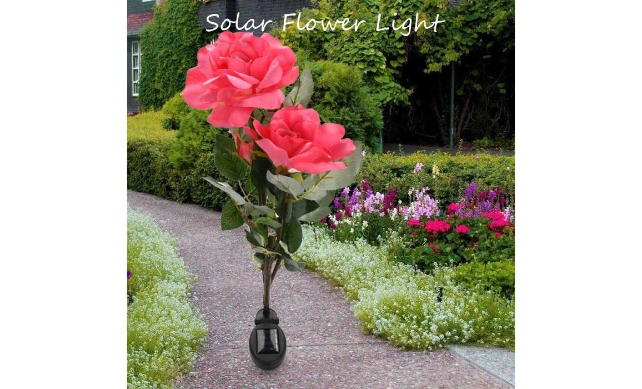 1pc lampe fleur lumière solaire énergie led 3 têtes rose nuit pour la maison jardin décor de pelouse (rouge) pas cher