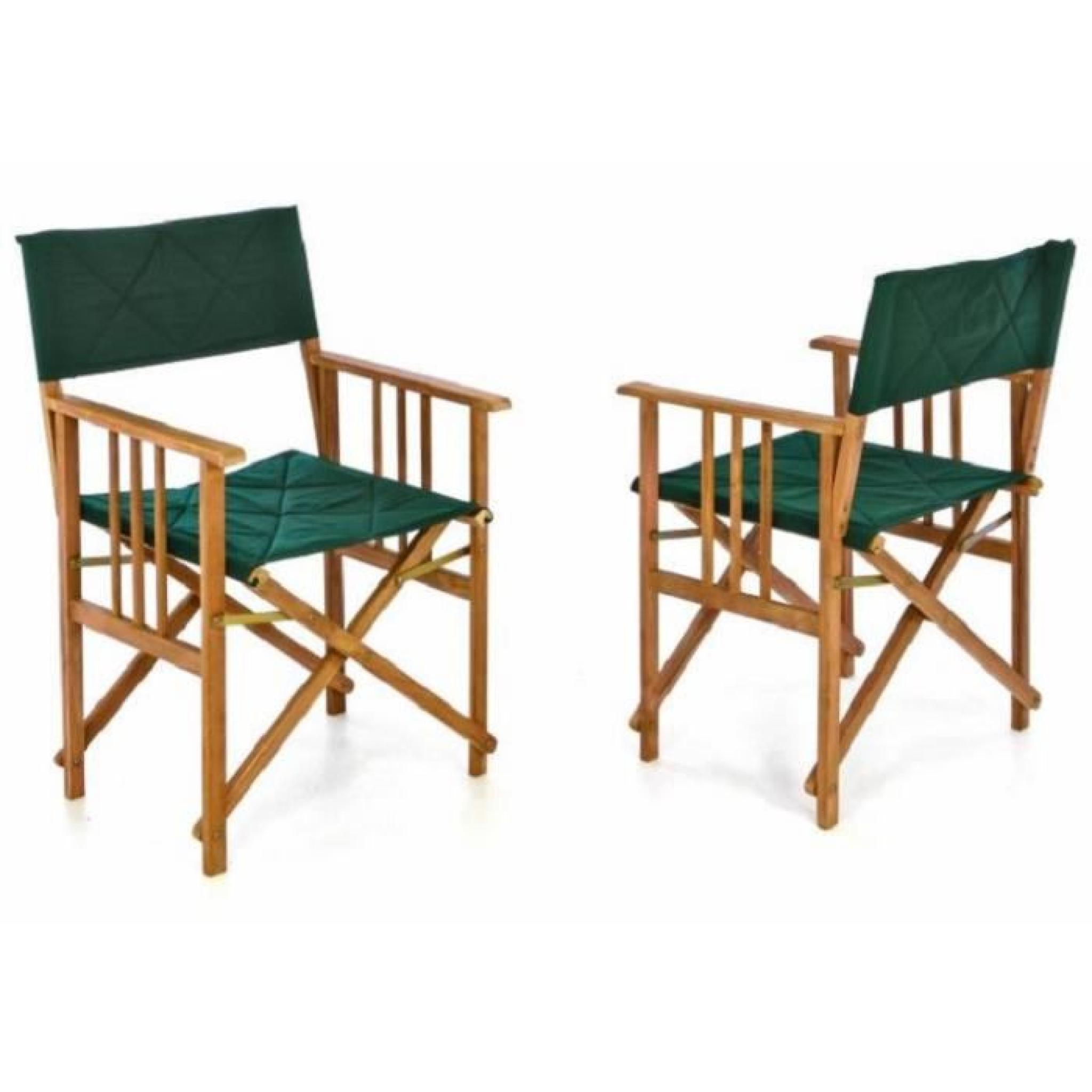 2 Chaises en bois de teck de jardin, matelassé vert  et pliable