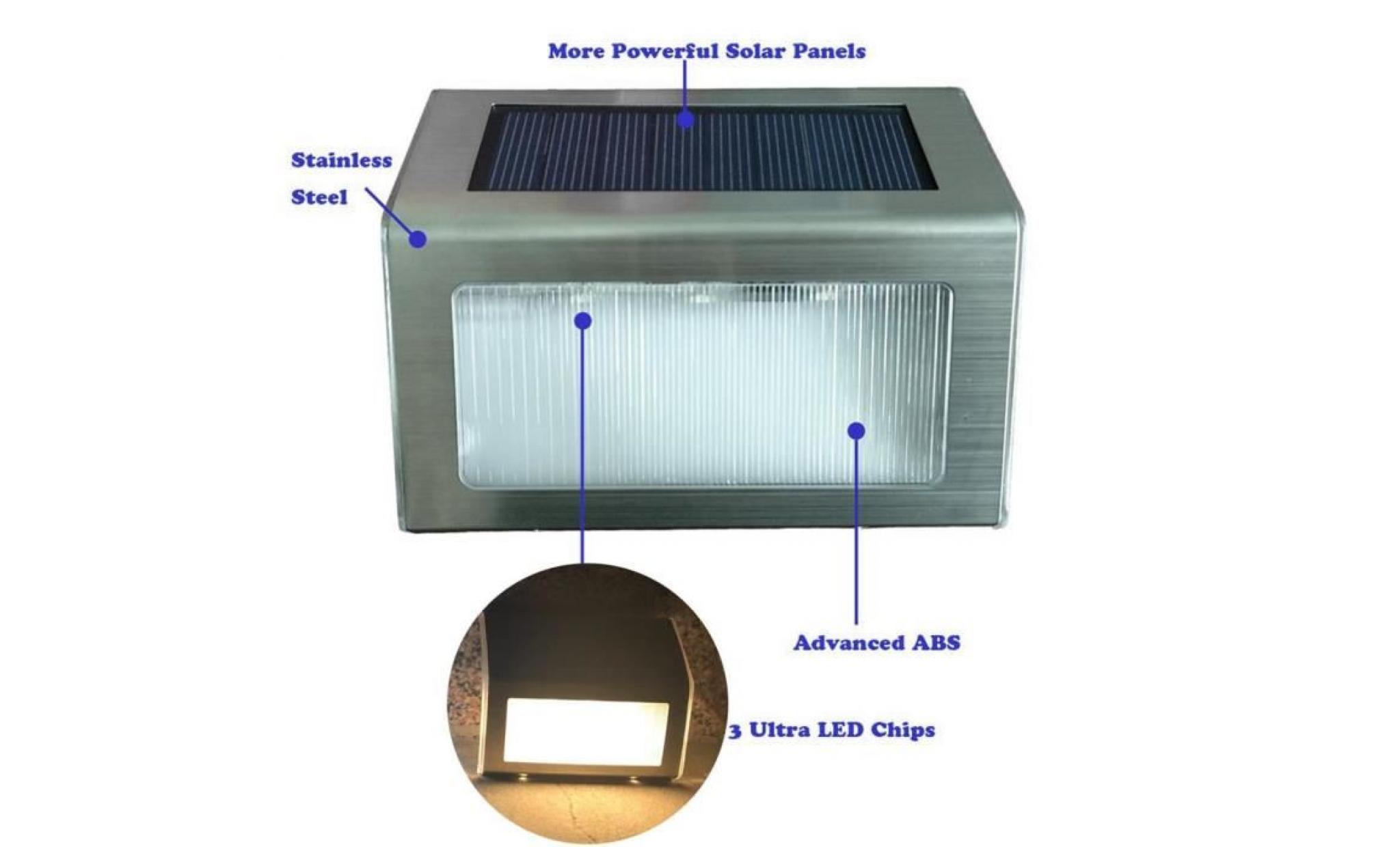 2 pcs luminaire d'escalier solaire à 3 led  en acier inoxydable pas cher