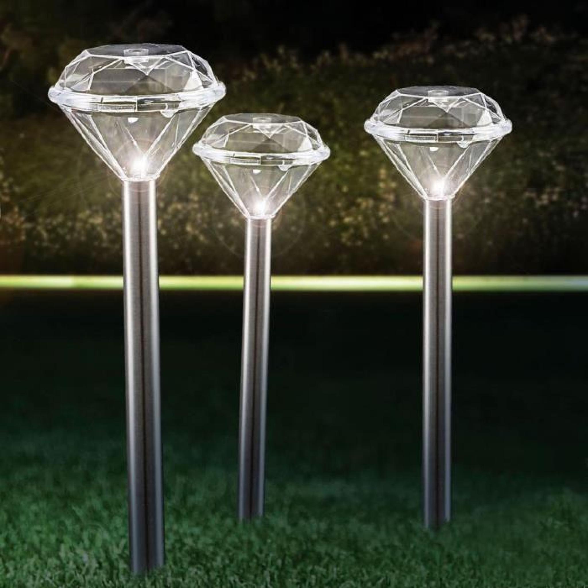 2 sets de 3 luminaires solaires LED extérieur éclairage jardin terrasse diamant IP44 inox pas cher