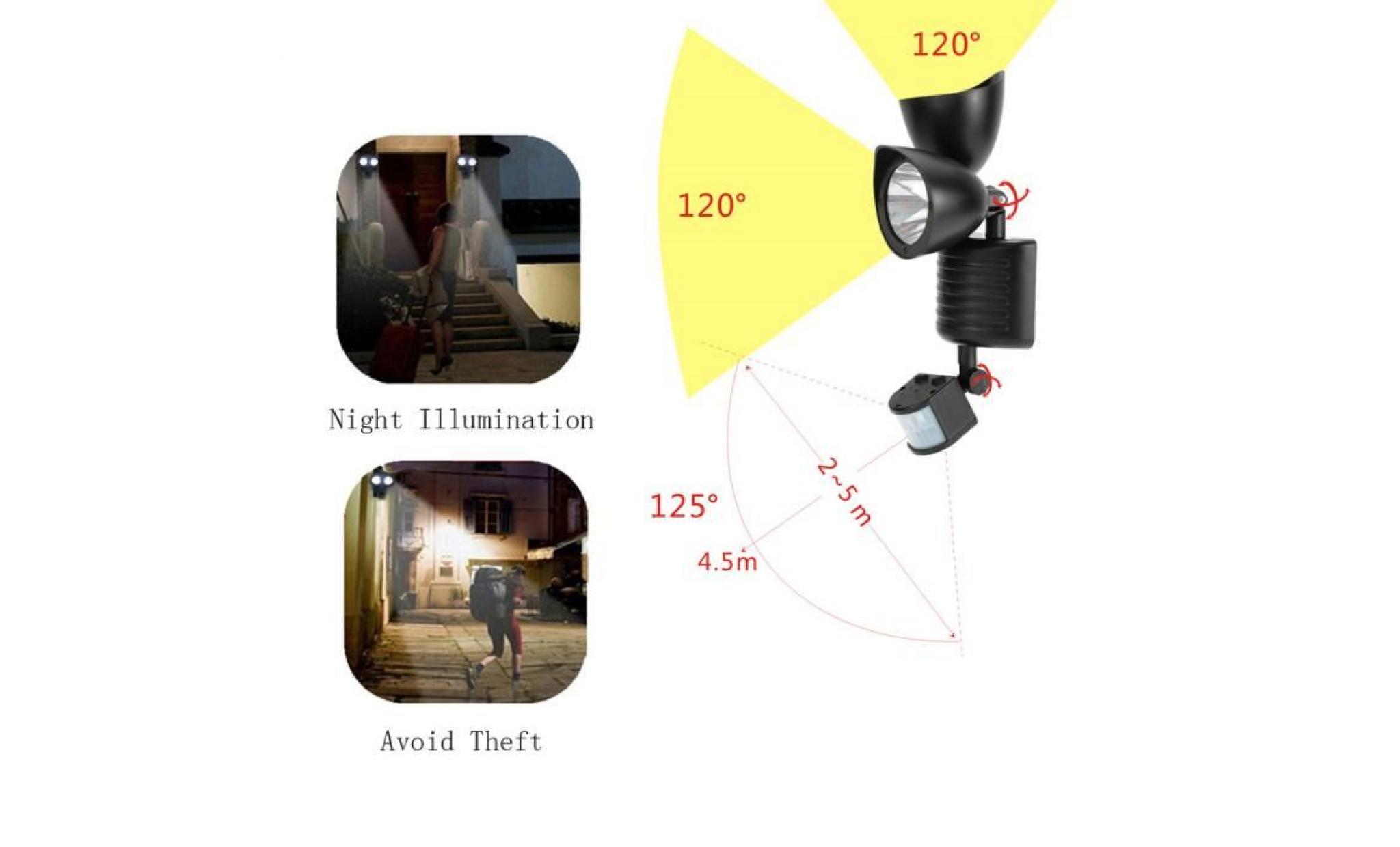 22leds lampe à énergie solaire panneau motorisé réglable rotatif double têtes dural sécurité mur légère induction détection pir pas cher