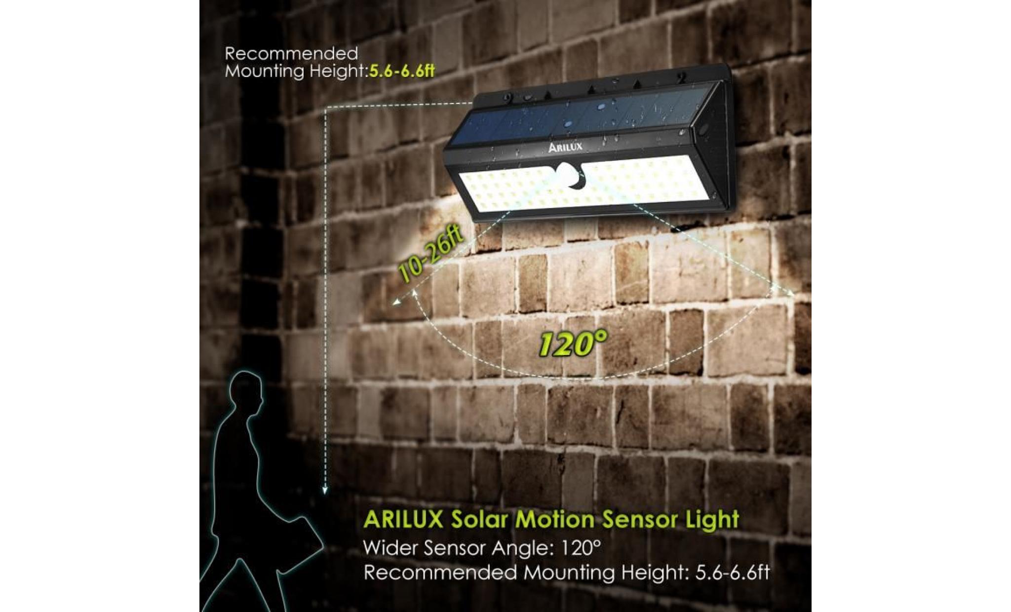 2x arilux™ al sl06 lampe solaire alimentée 62 led mouvement capteur murale ip65 pas cher