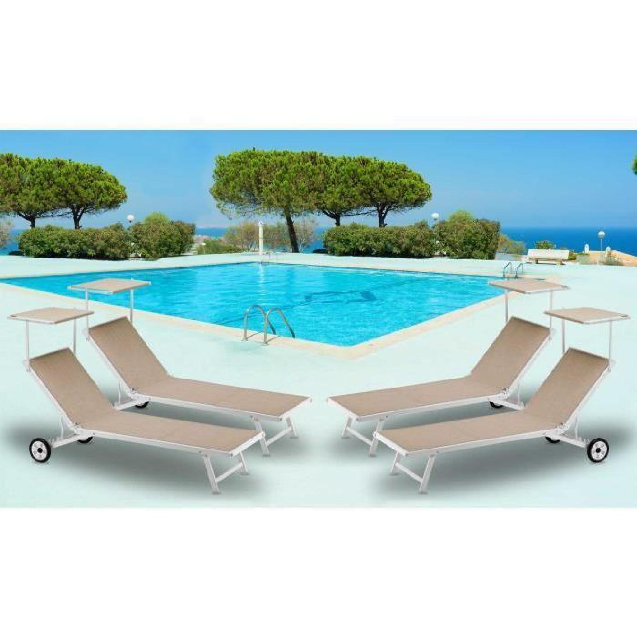 4 Bains de soleil lits de plage avec roues transats piscine aluminium jardin ALABAMA