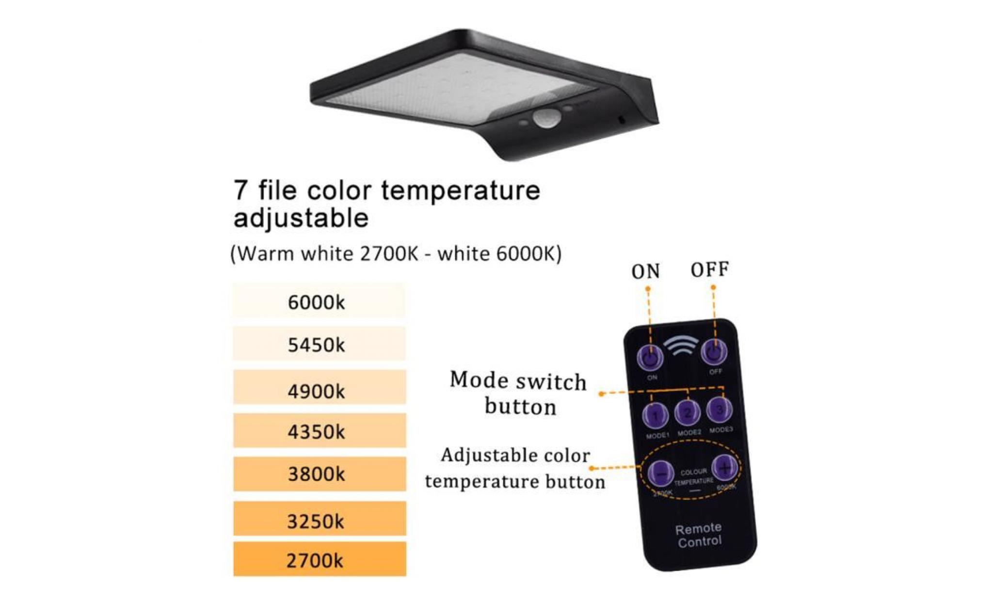 48 led lampe murale à capteur de corps solaire  température de couleur double   avec télécommande (noir) pas cher