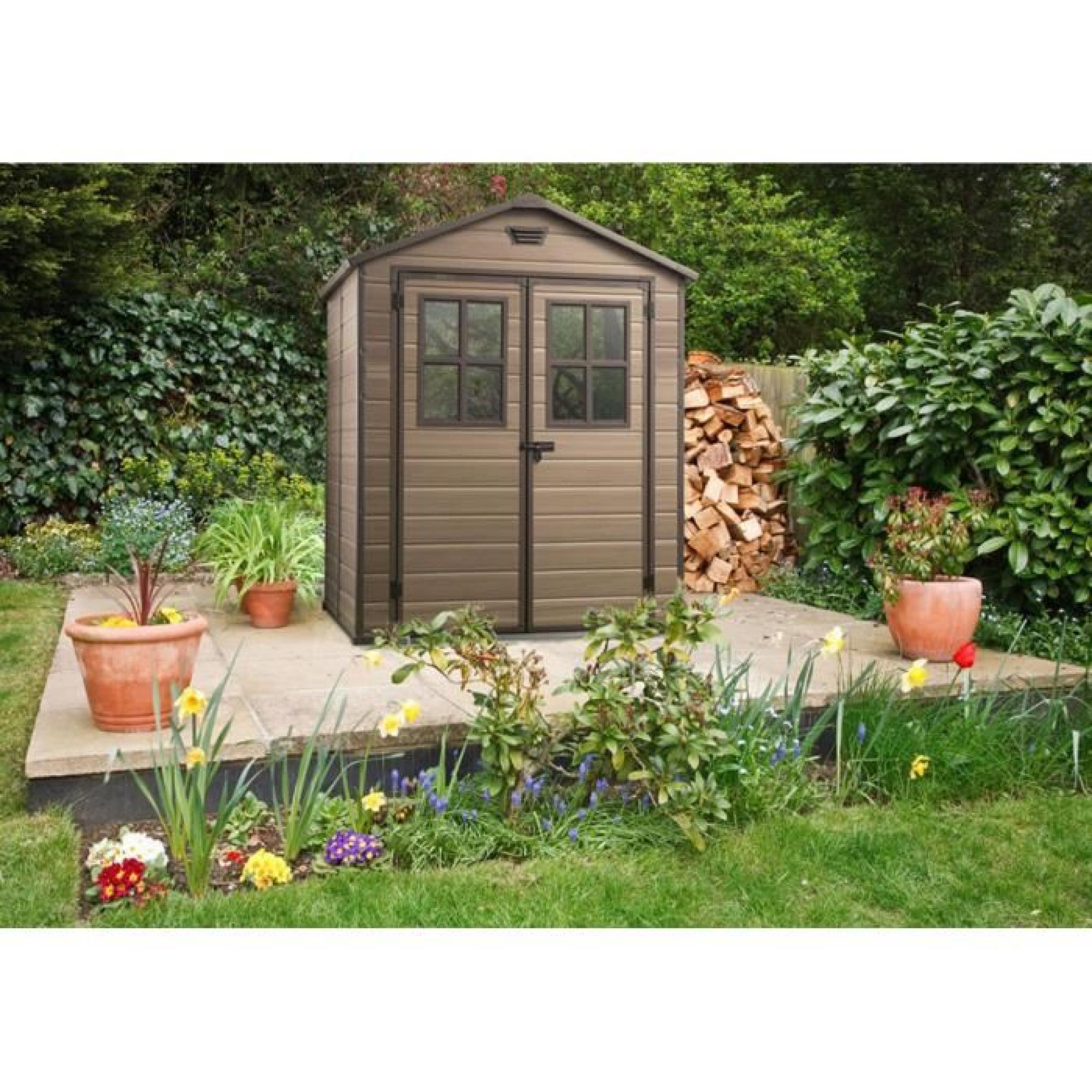 Abri de jardin robuste en résine aspect bois rustique coloris marron, 185 x 152 x 226 cm pas cher