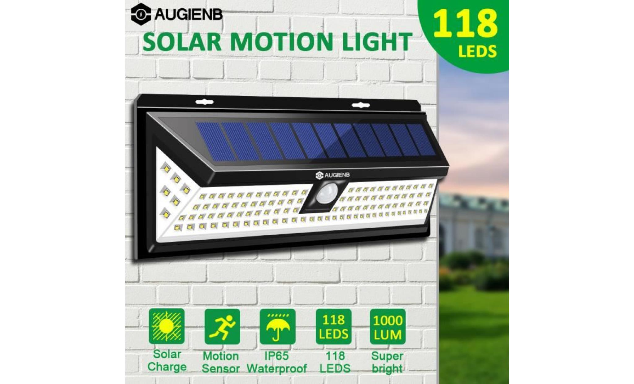 augienb solaire lampe 118 led pir mouvement capteur ip65 Étanche 1000 lumens pour applique mural jardin extérieur