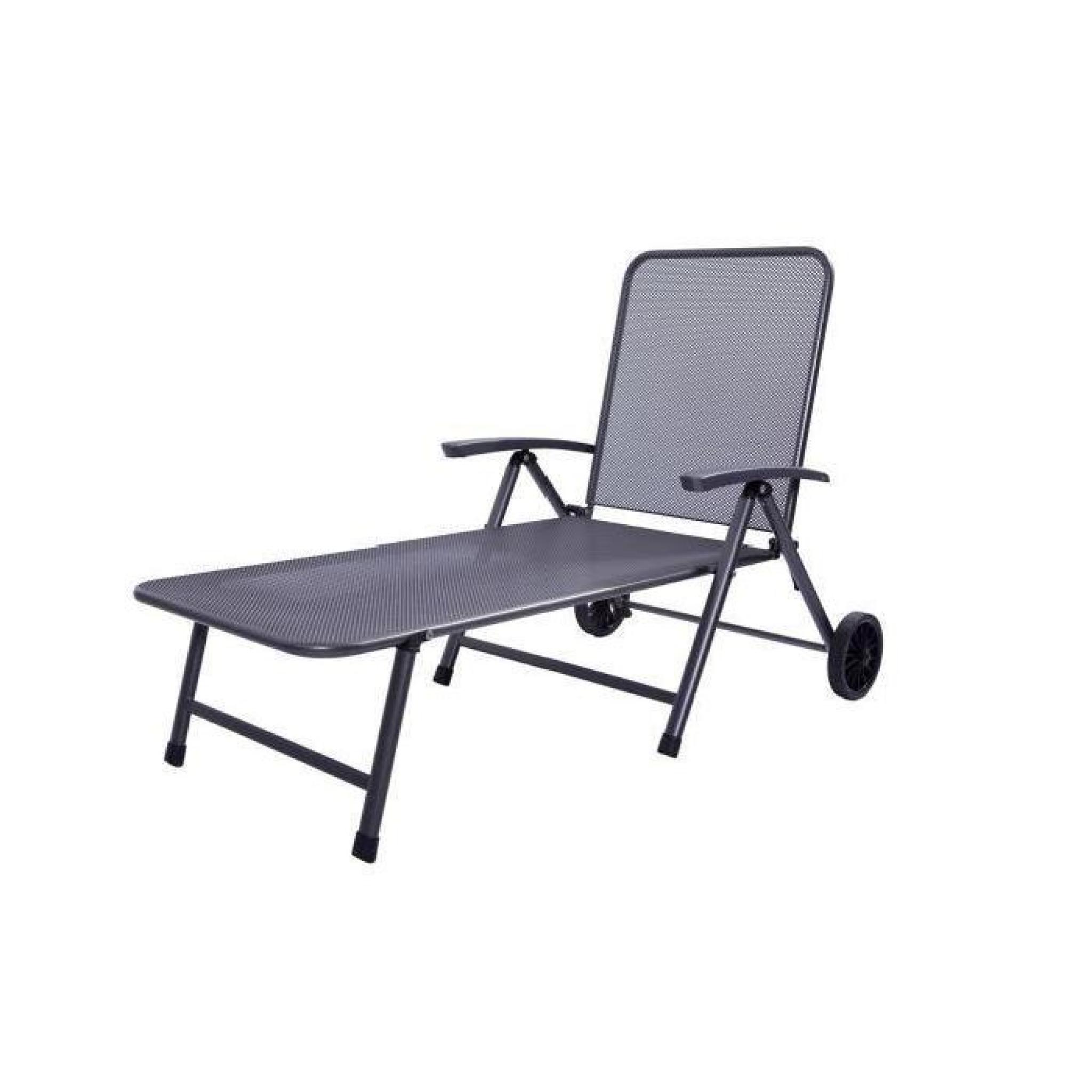 Bain de soleil chaise longue accoudoirs roues salon de jardin métal gris acier RIVO