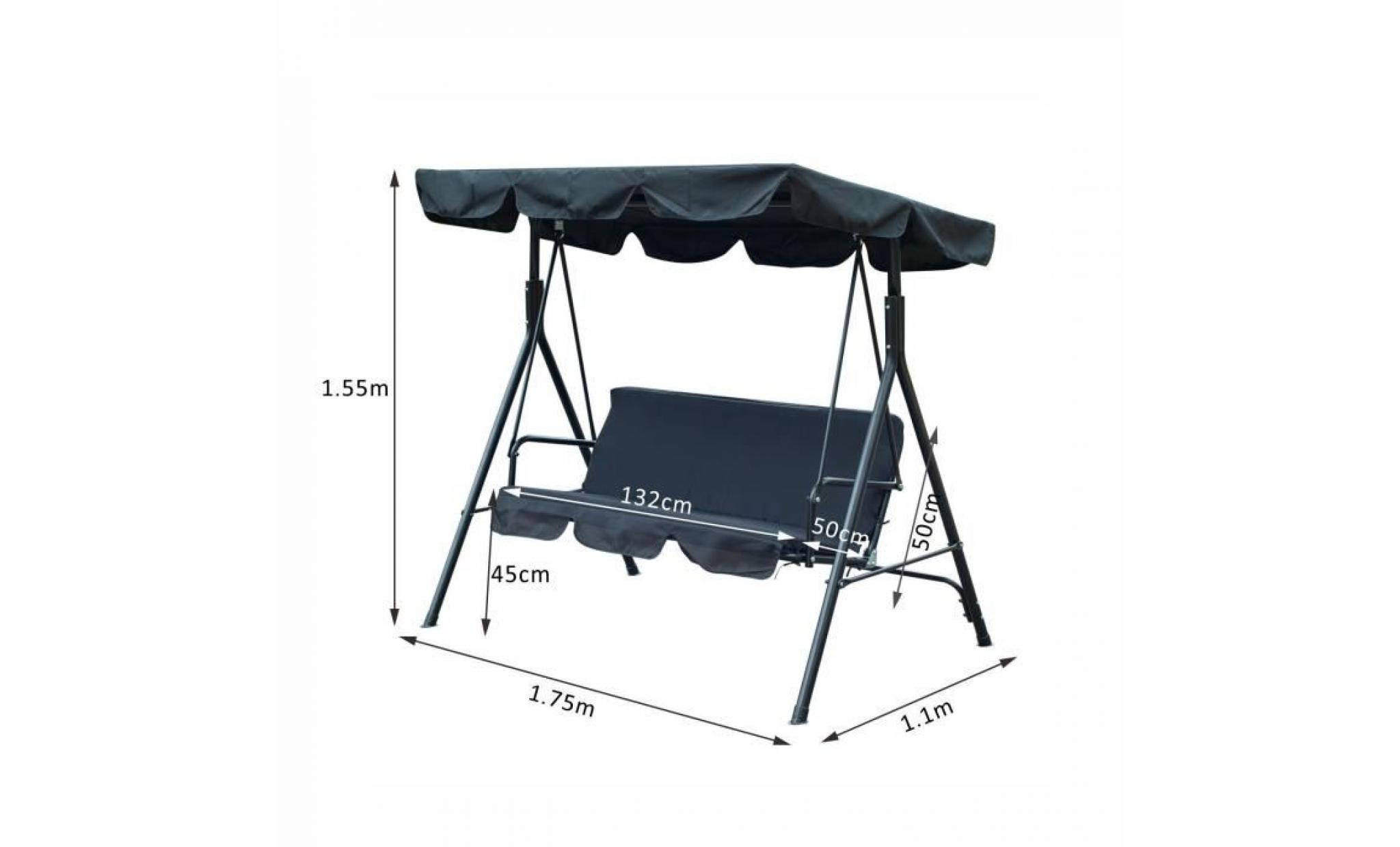 balancelle balançoire banc fauteuil de jardin acier 3 places 1.75 x 1.1 x 1.55m (noir) pas cher