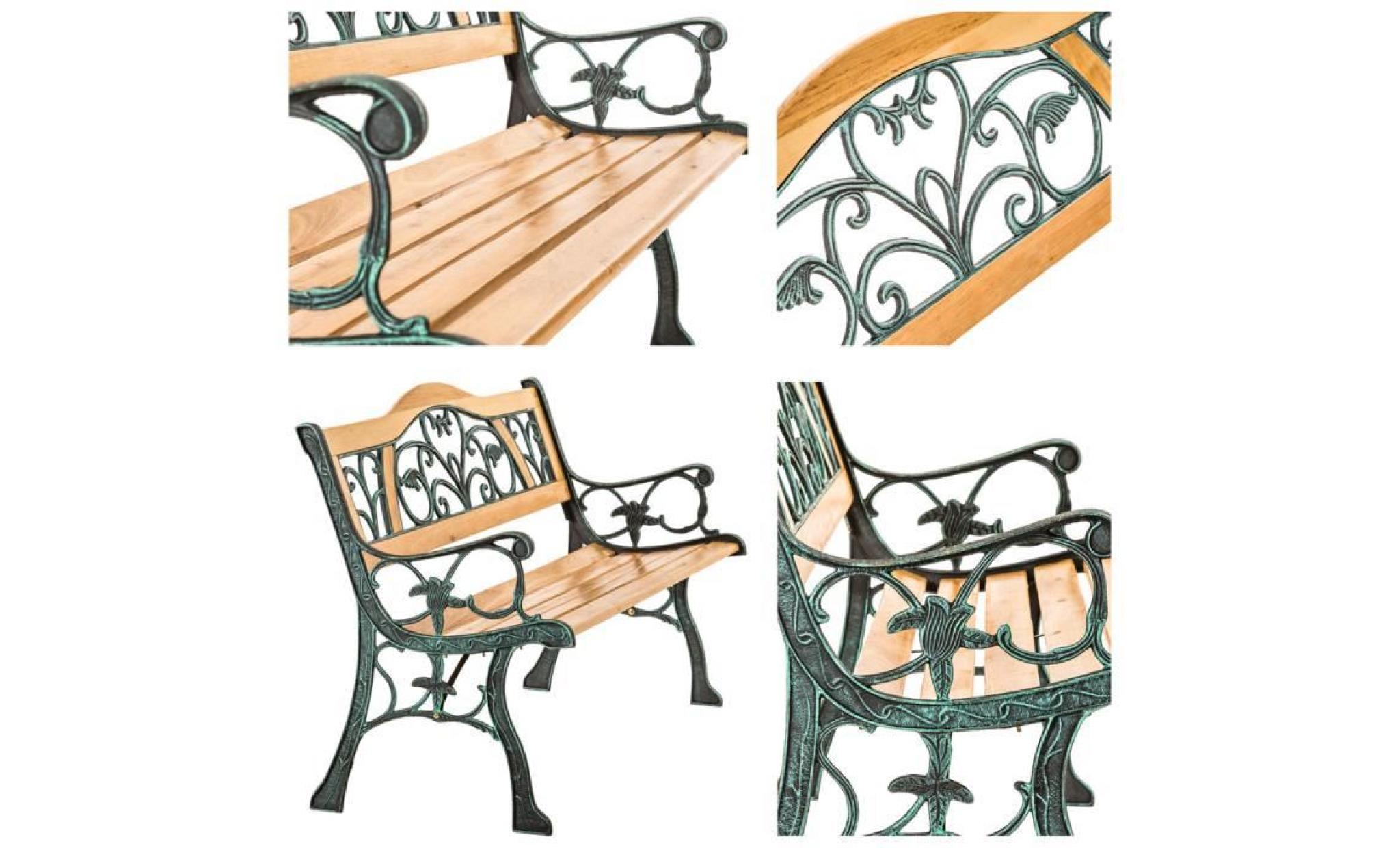 tectake banc de jardin en bois et fonte 124 cm x 60 cm x 83 cm   motif romantique pas cher