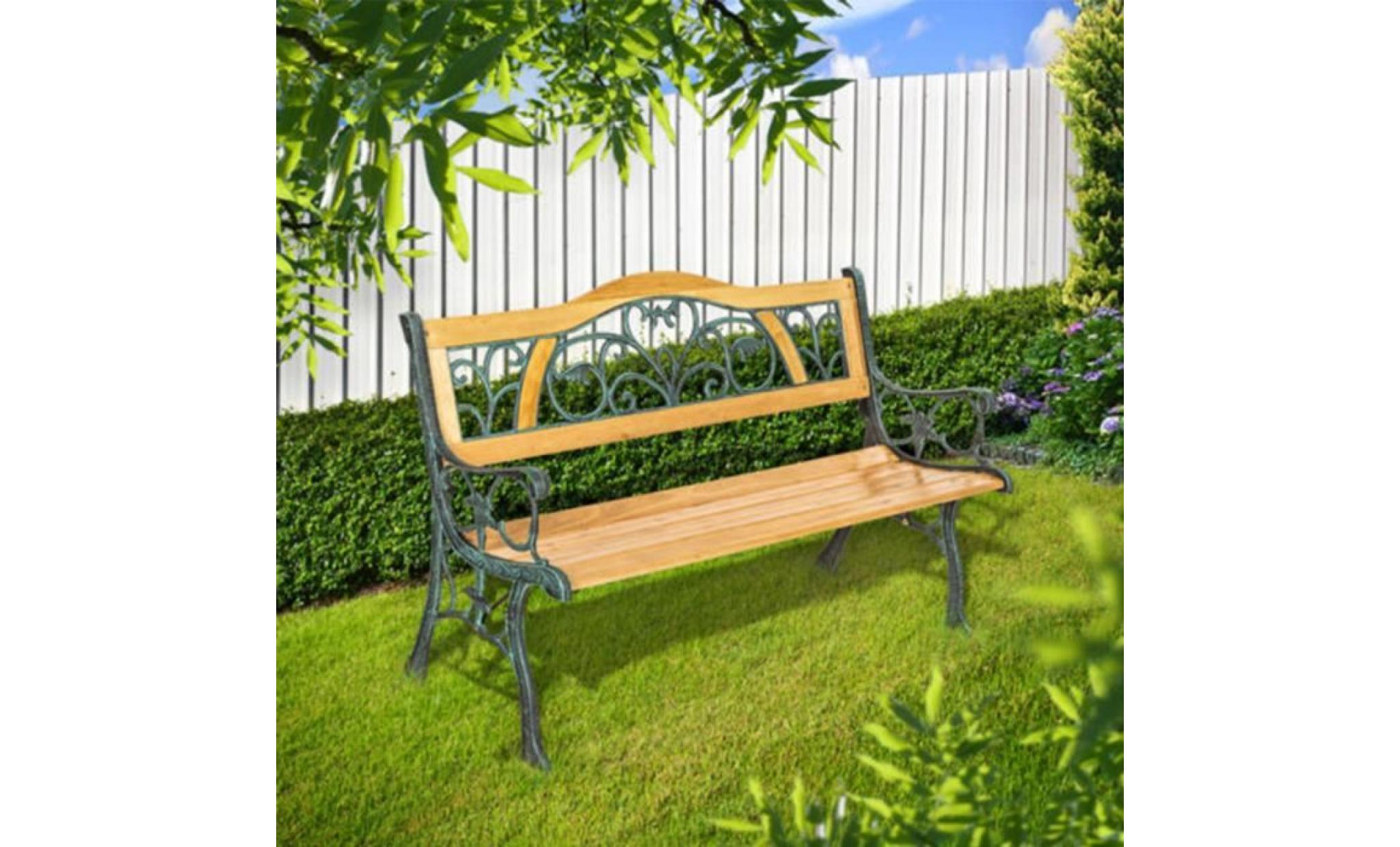 banc mobilier meuble de jardin parc terrasse en bois et fonte 124cm pas cher