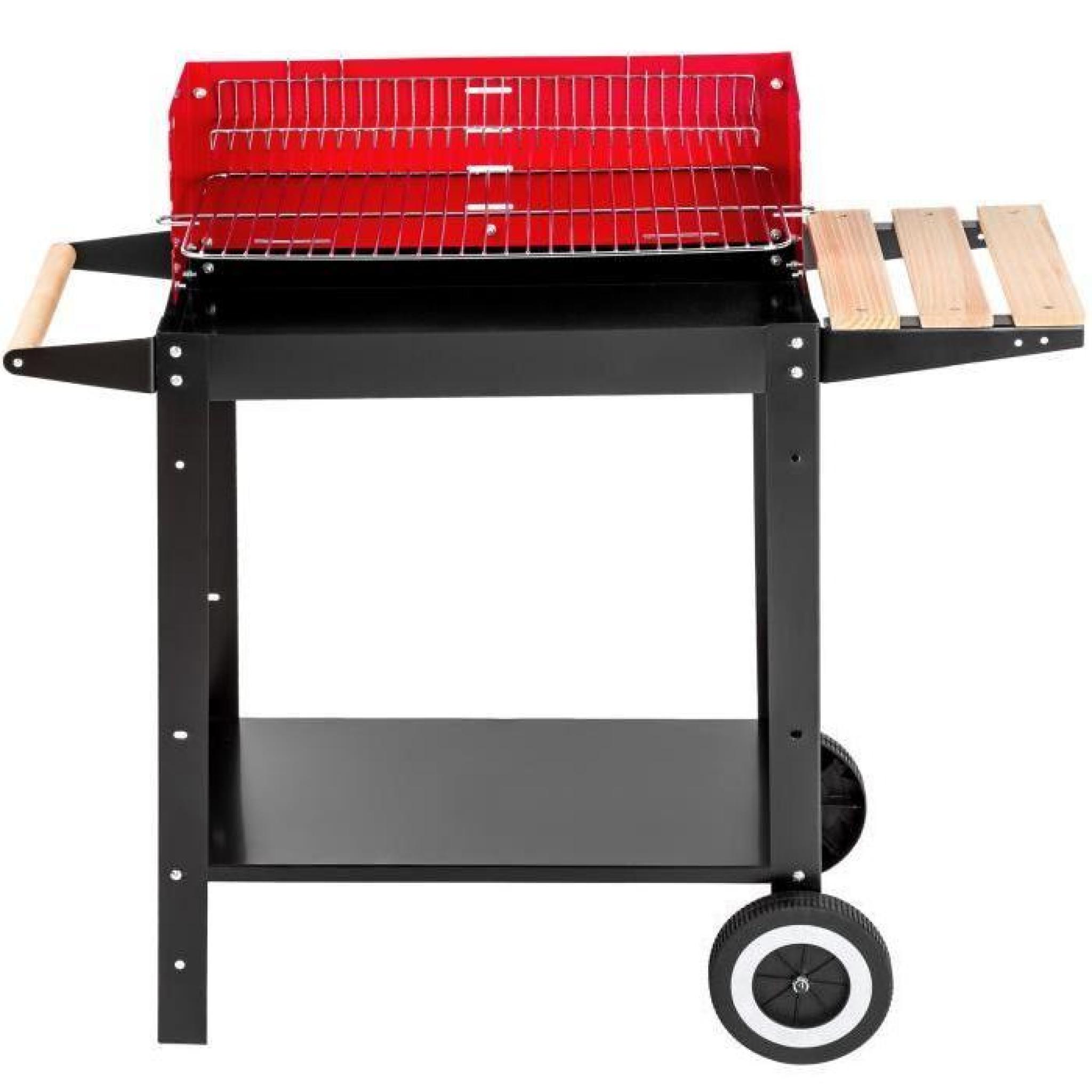Barbecue, Grill, Smoker, Fumoir, Chariot à 2 Roues + 2 Grilles et 3 Etagères en Acier 86 cm x 34 cm x 80 cm Noir Rouge TECTAKE pas cher