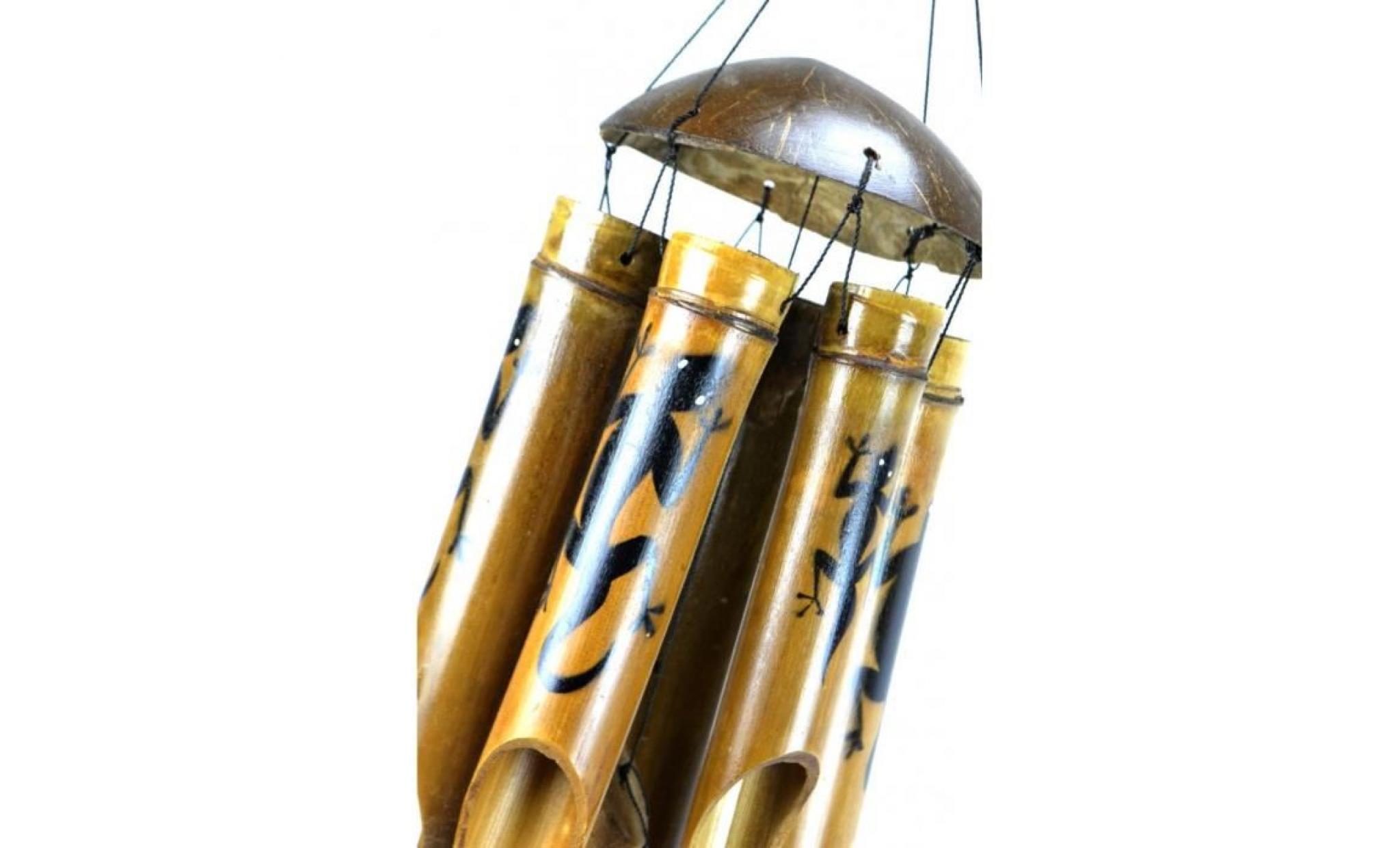 carillon à vent en bambou et noix de coco décor gecko margouillat salamandre. marron pas cher