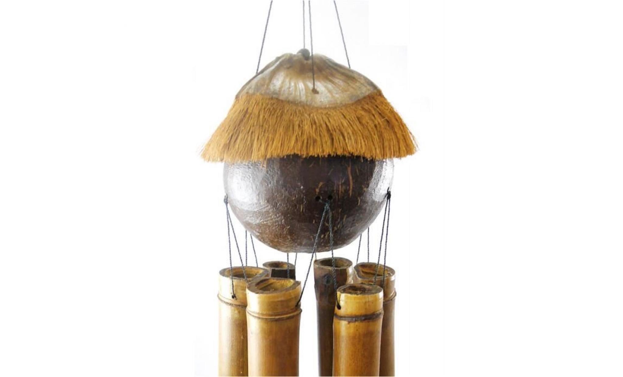 carillon de jardin / cloche à vent artisanale en bambou et noix de coco. marron pas cher
