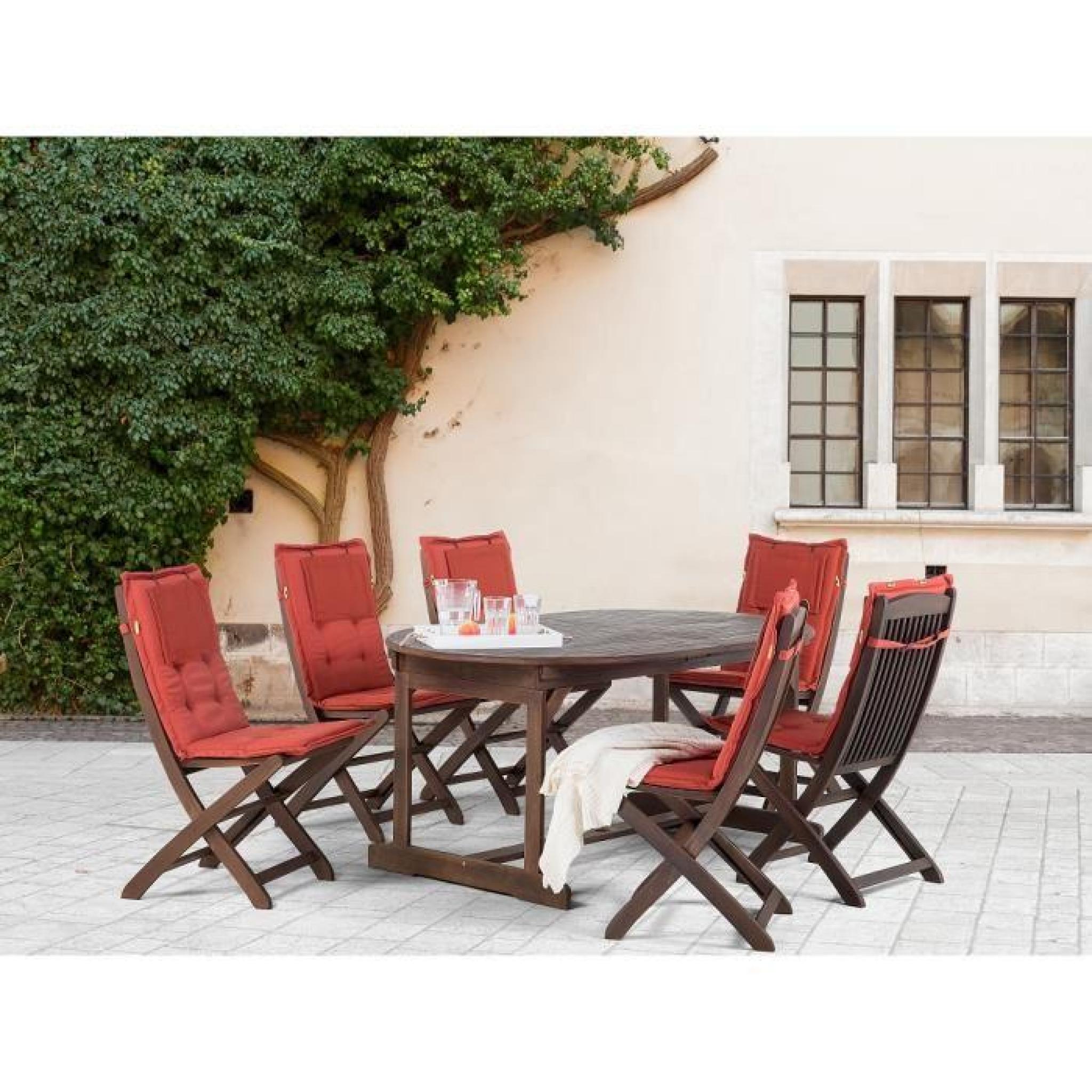 Ce superbe ensemble table + chaises en bois d'acacia teinté comprend 6 chaises inclinables et une table ovale extensible. Son pla...