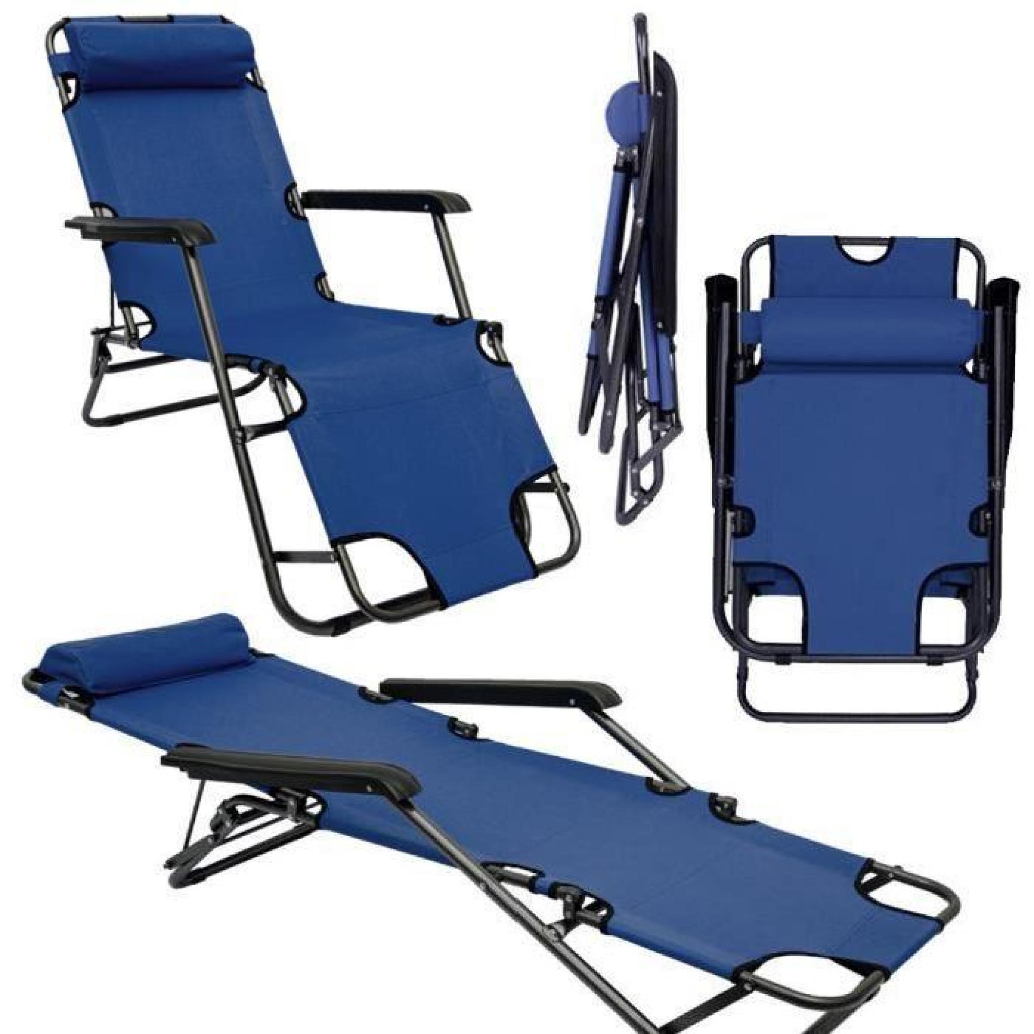 Chaise Longue inclinable et pliante |Transat de Jardin 153 cm + appuie-tête amovible + repose-jambes et dossier inclinables | Bleu