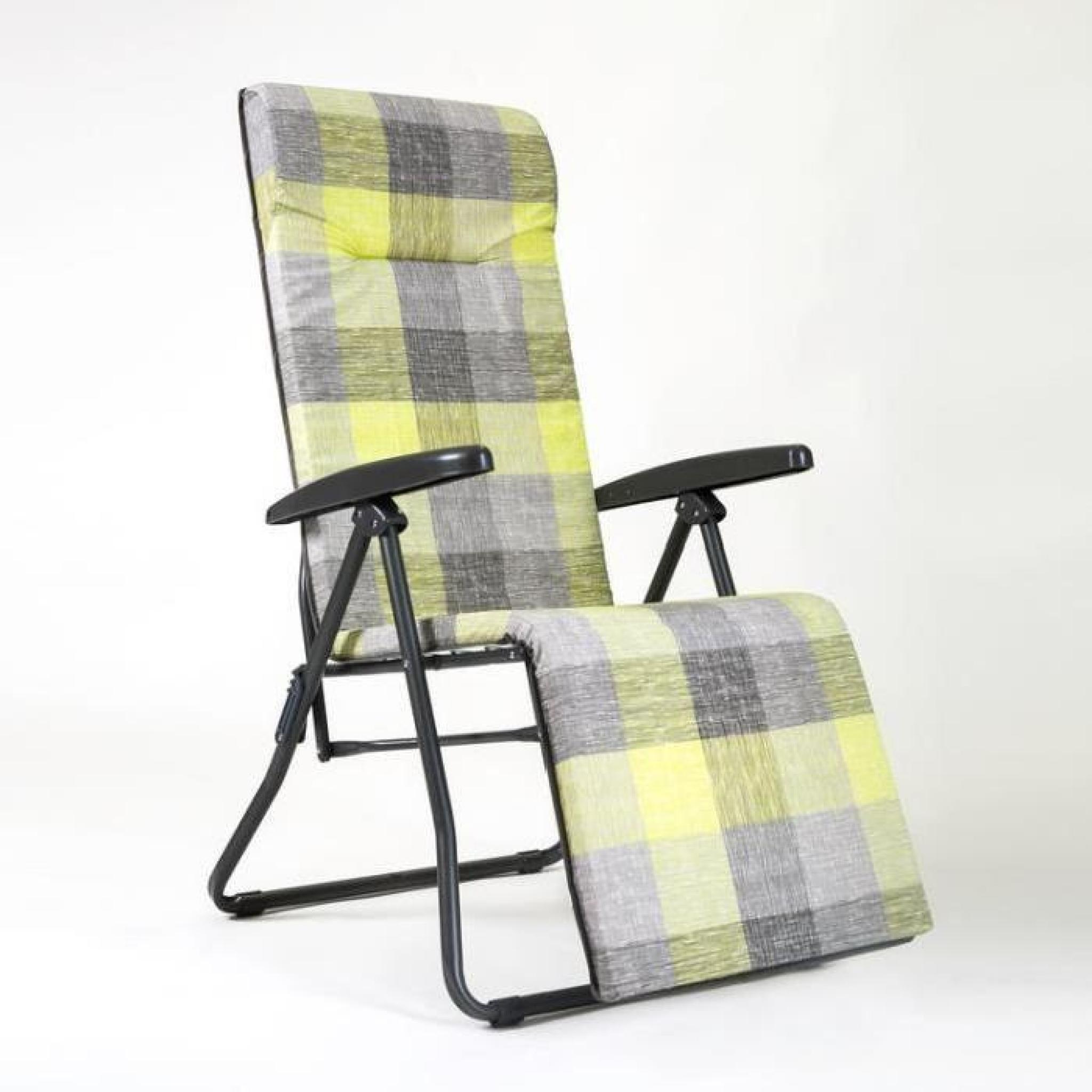 Chaise longue relax multiposition en acier et coussin coton LISA - Ecossais marsala
