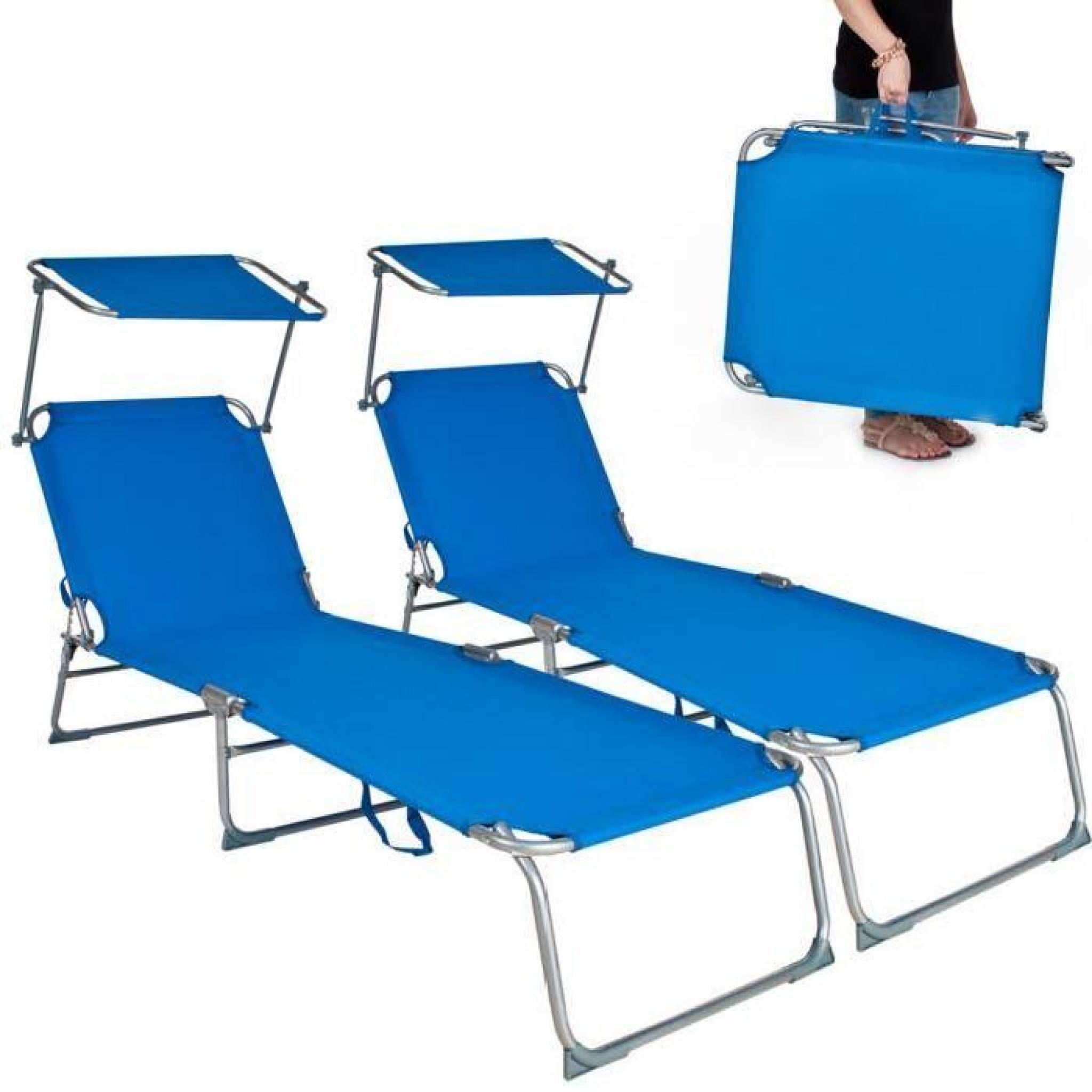 Chaise longue, Transat, Bain de soleil, Pare Soleil, Multi positions, Pliable 190 cm Bleu TECTAKE X 2