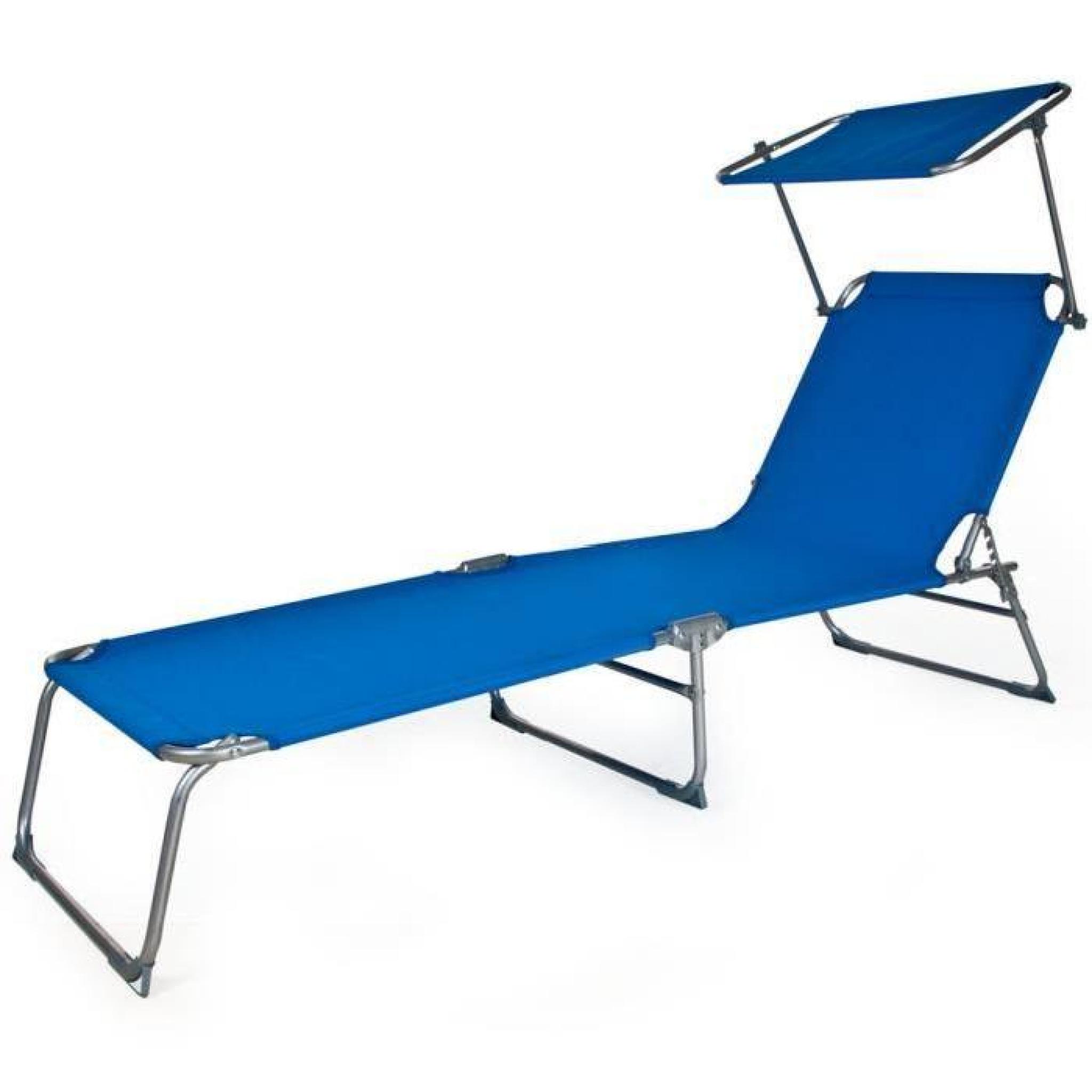 Chaise longue, Transat, Bain de soleil, Pare Soleil, Multi positions, Pliable 190 cm Bleu TECTAKE X 2 pas cher