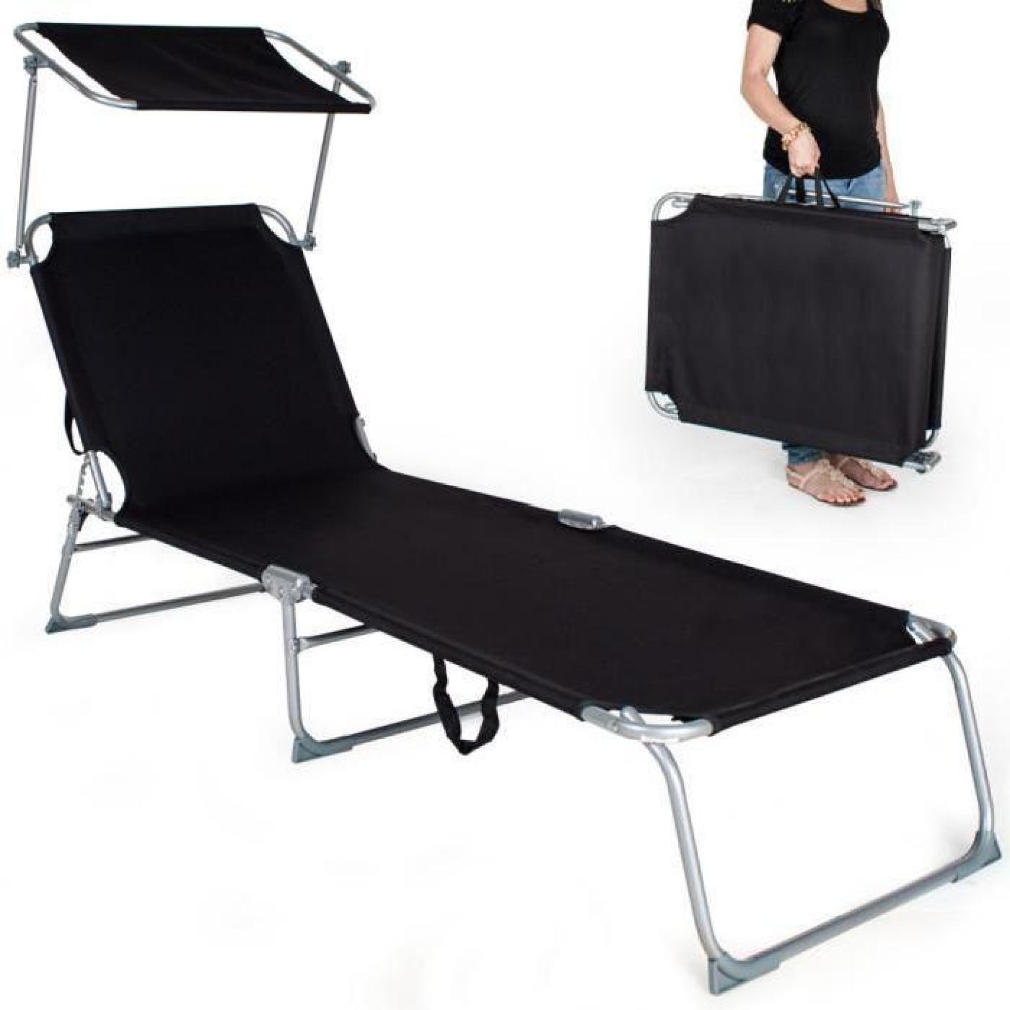 Chaise longue, Transat, Bain de soleil, Pare Soleil, Multi positions, Pliable 190 cm Noir TECTAKE X 1