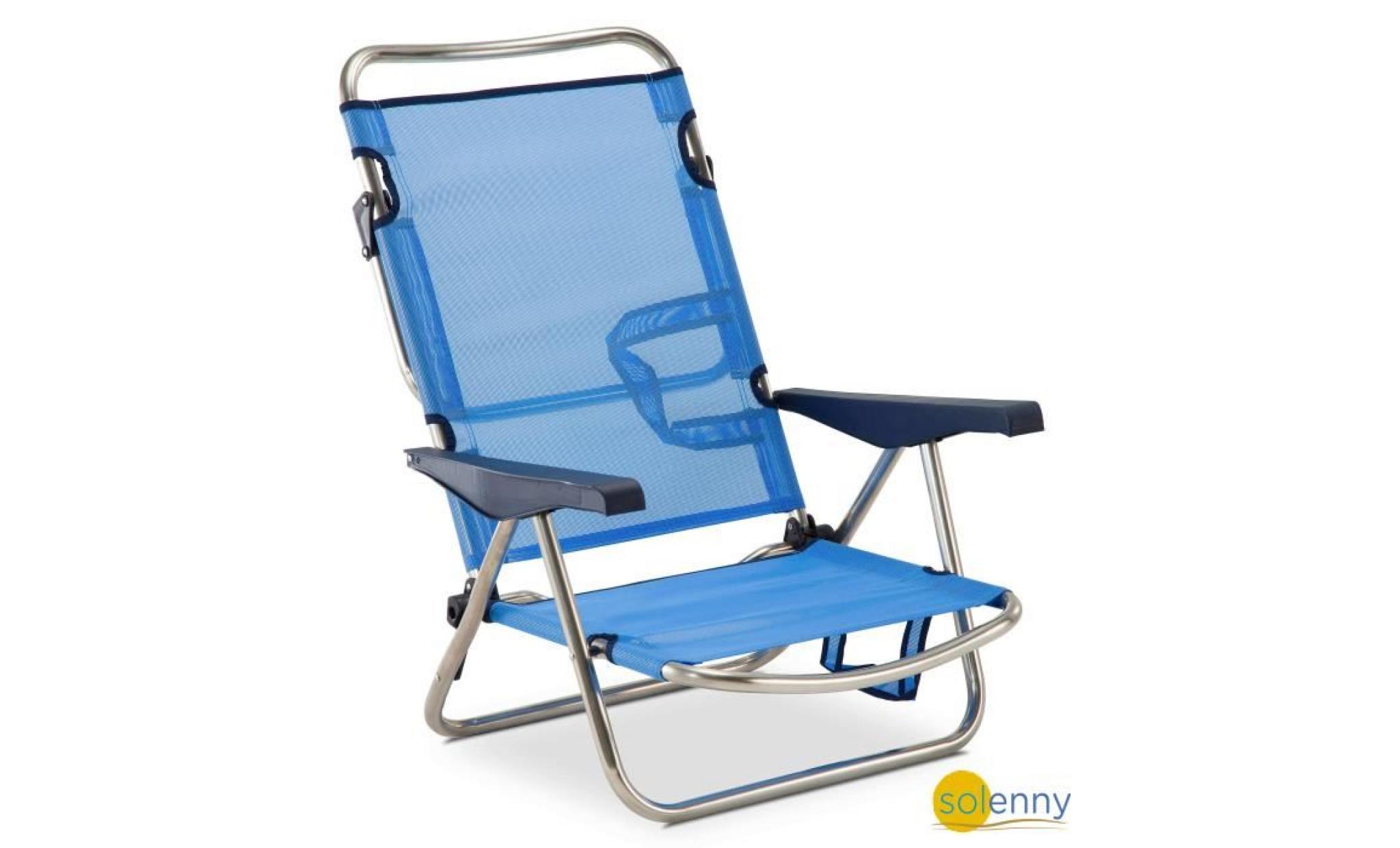 chaise plage lit positions en aluminium et textilène, patte du dossier pliable solenny
