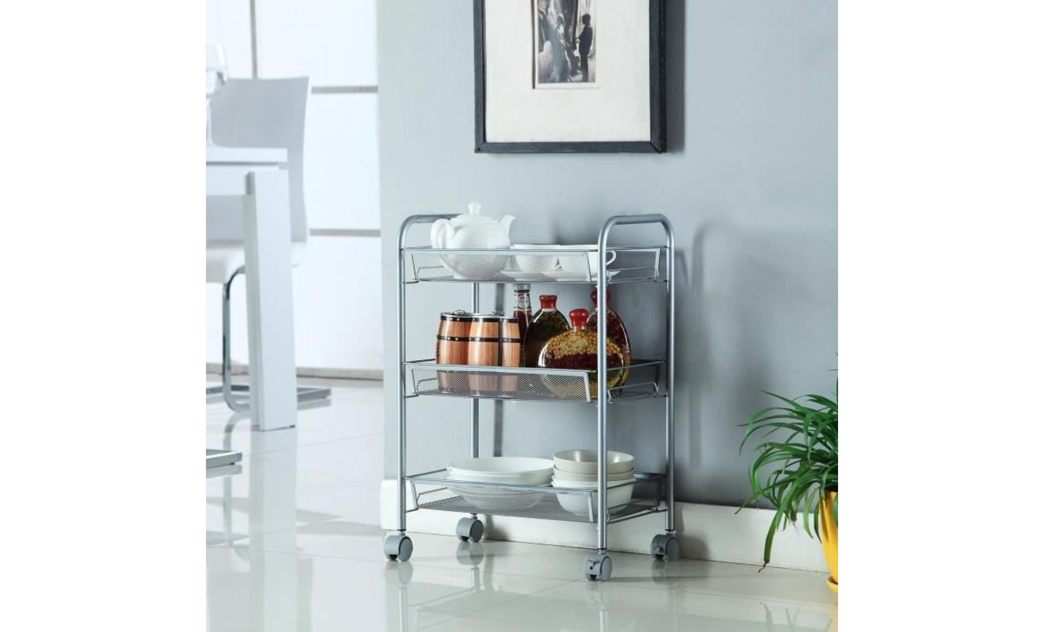chariot de service desserte de cuisine à roulettes avec paniers en maille métallique pour cuisine chambre (3 etages, argenté) pas cher