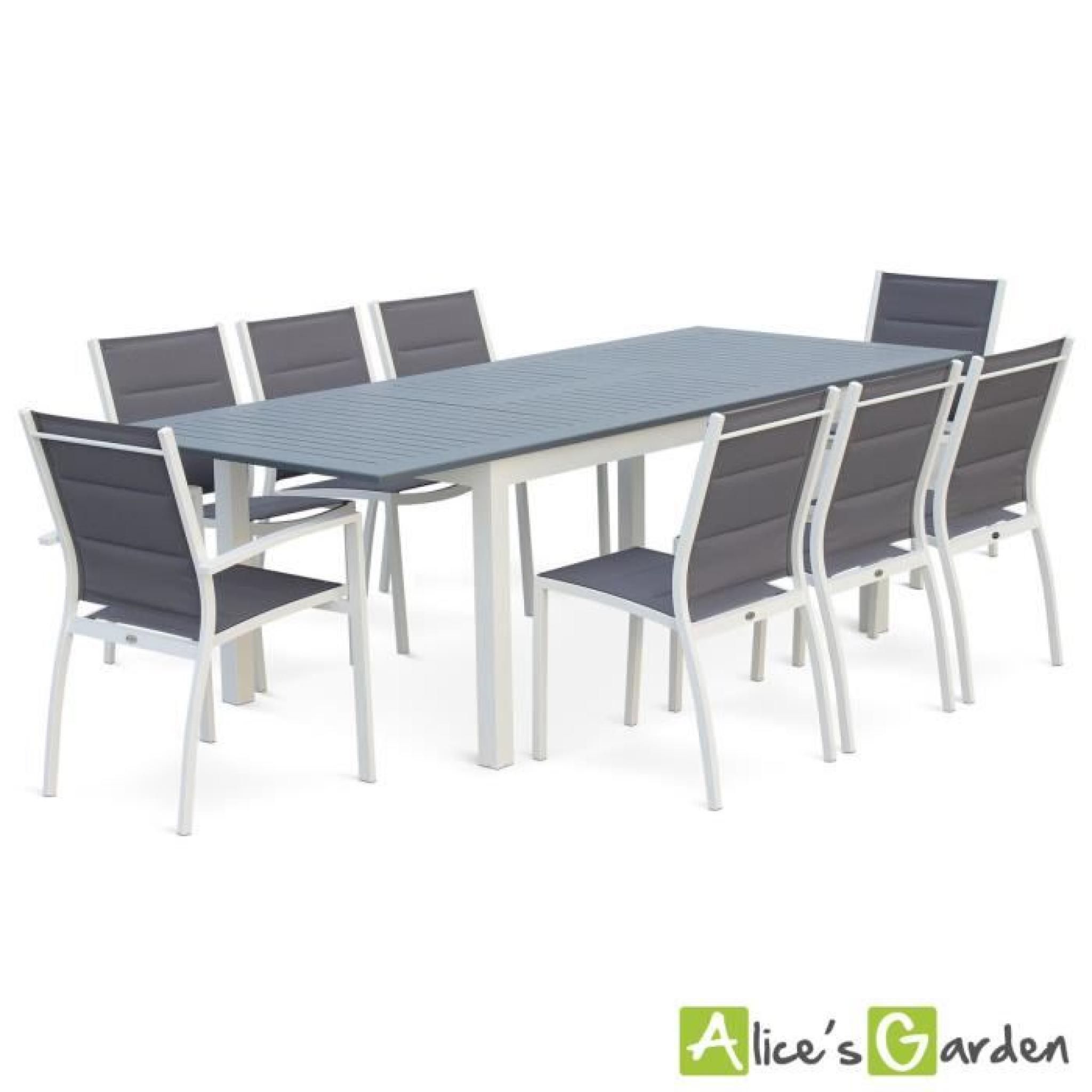 Salon de jardin 8 places table à rallonge extensible 175/245cm alu blanc textilène gris foncé