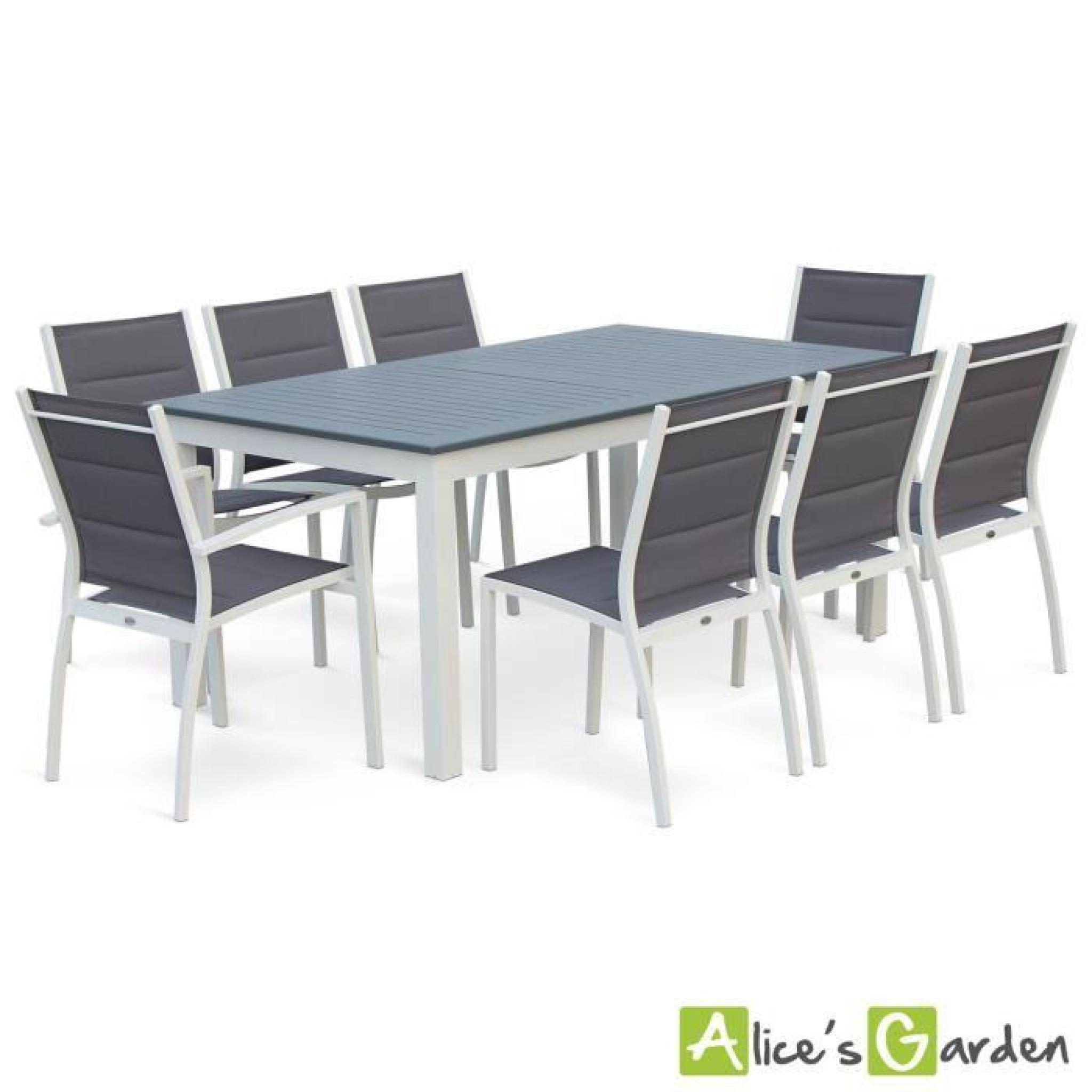 Salon de jardin 8 places table à rallonge extensible 175/245cm alu blanc textilène gris foncé pas cher