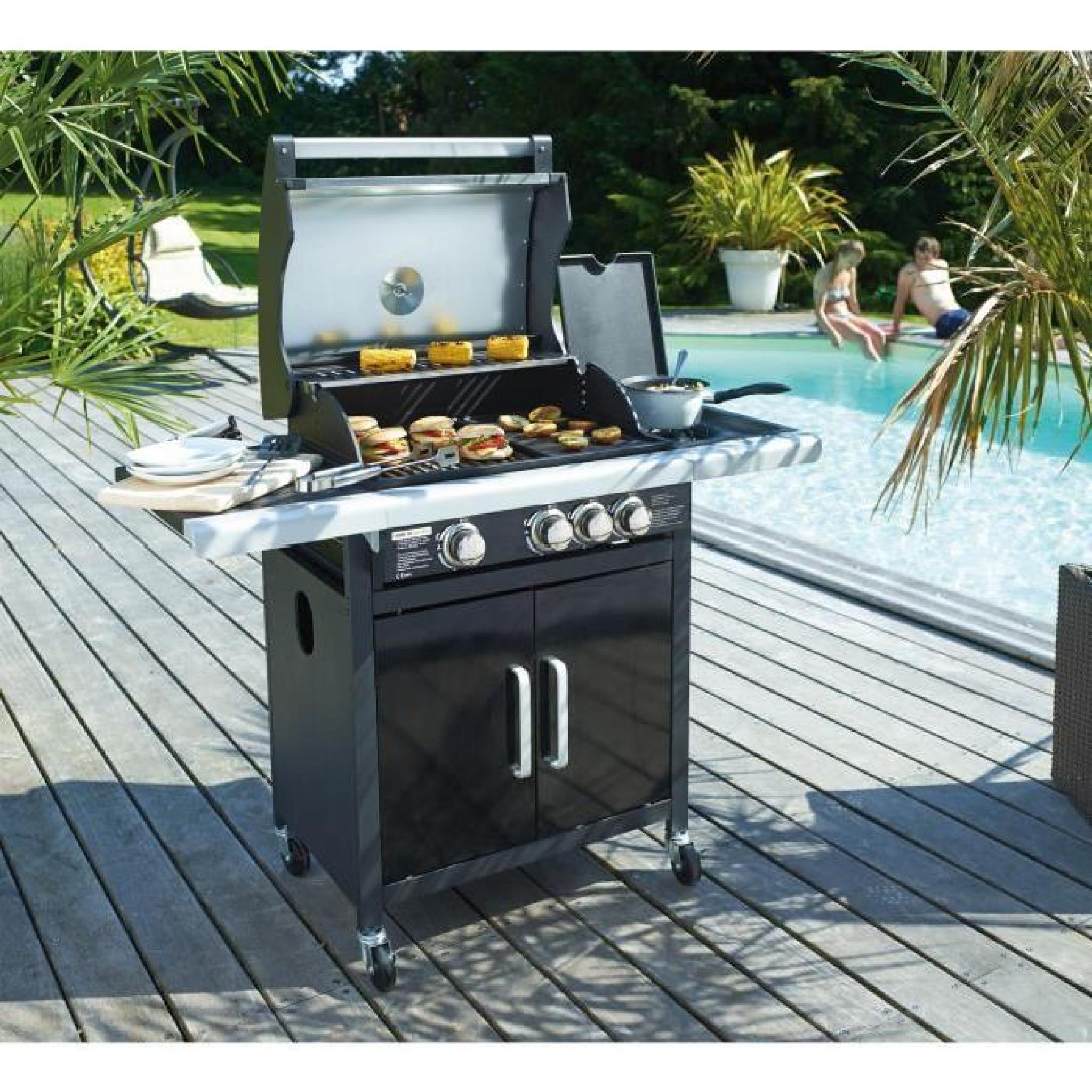 COOK'IN GARDEN Barbecue à gaz américain 3 brûleurs + Side Fidgi - 123x54x113 cm - Noir pas cher