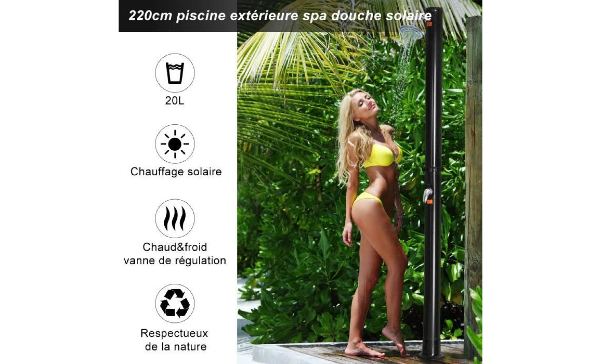 costway douche de jardin douche solaire avec l’eau chaude et froide pvc noir energie solaire 20 l 220 cm pas cher