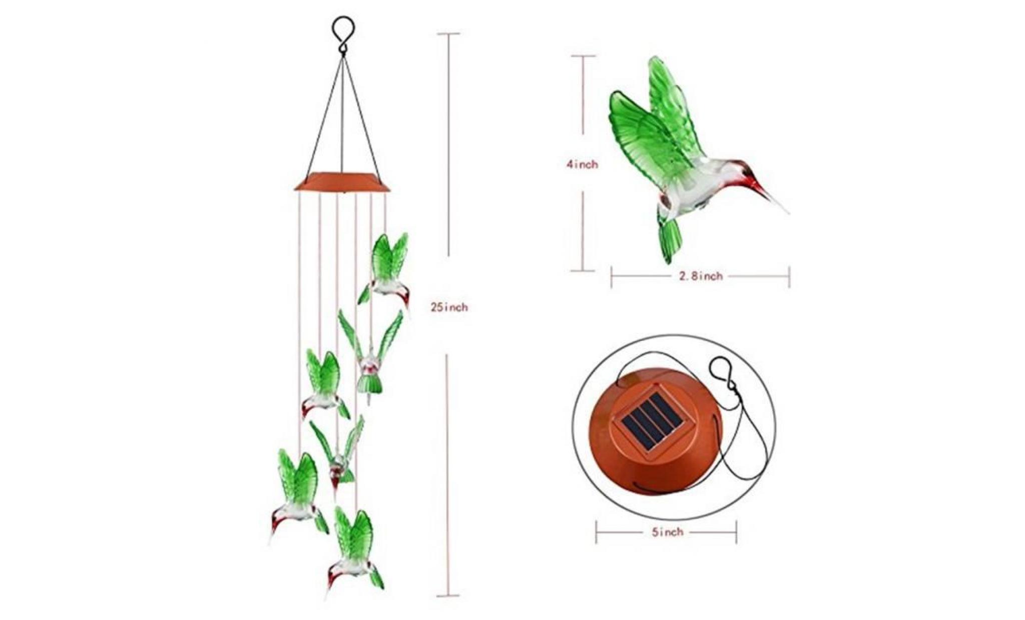 deuxsuns®couleur changeant le vent solaire de colibri de carillon de vent de led pour l'éclairage de jardinage@zf591 pas cher