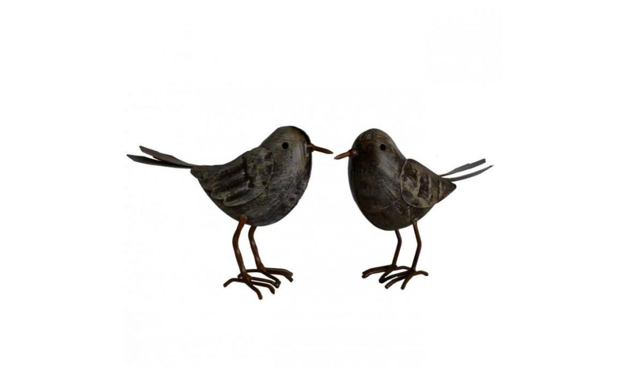 duo d'oiseaux ou couple de volatiles oisillons à poser en fer patiné gris 4,5x11x14,5cm