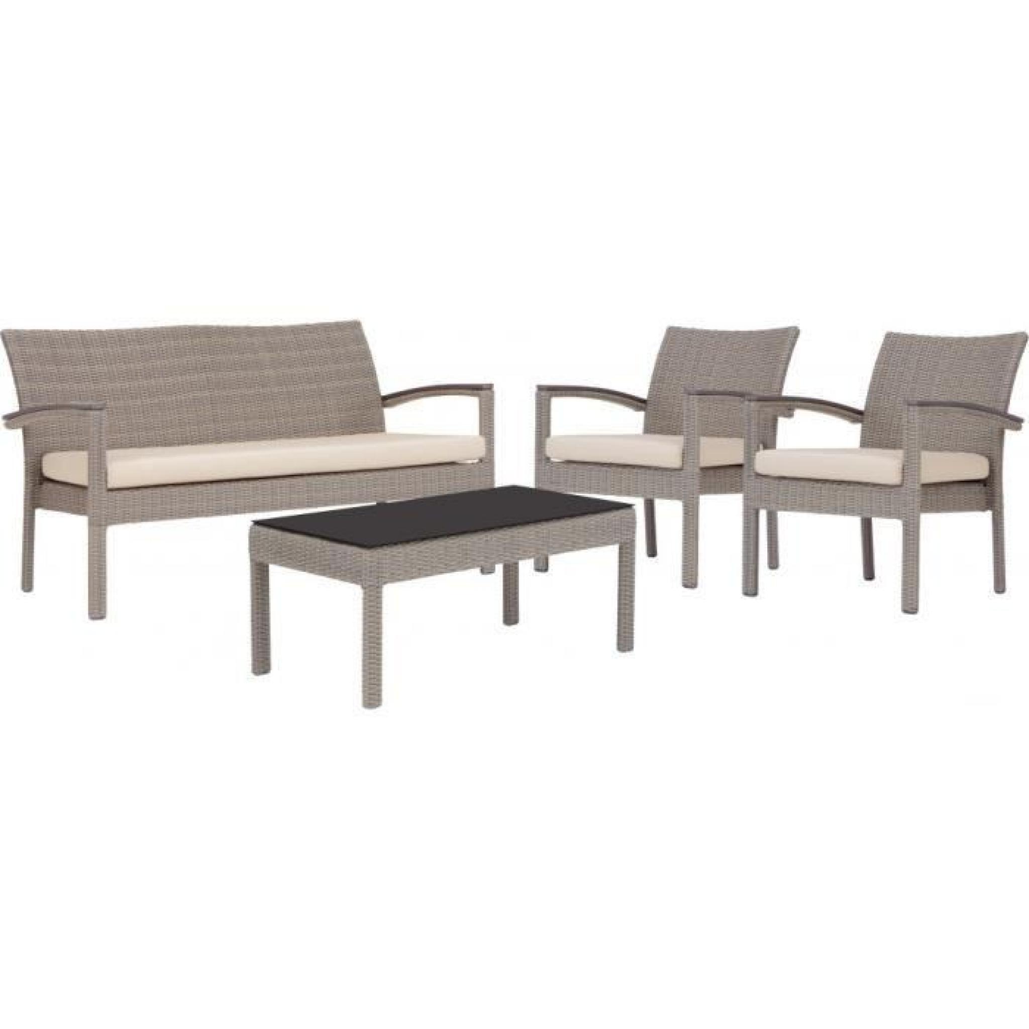 Ensemble 4 places canapé fauteuils table aluminium et résine taupe avec coussins beiges