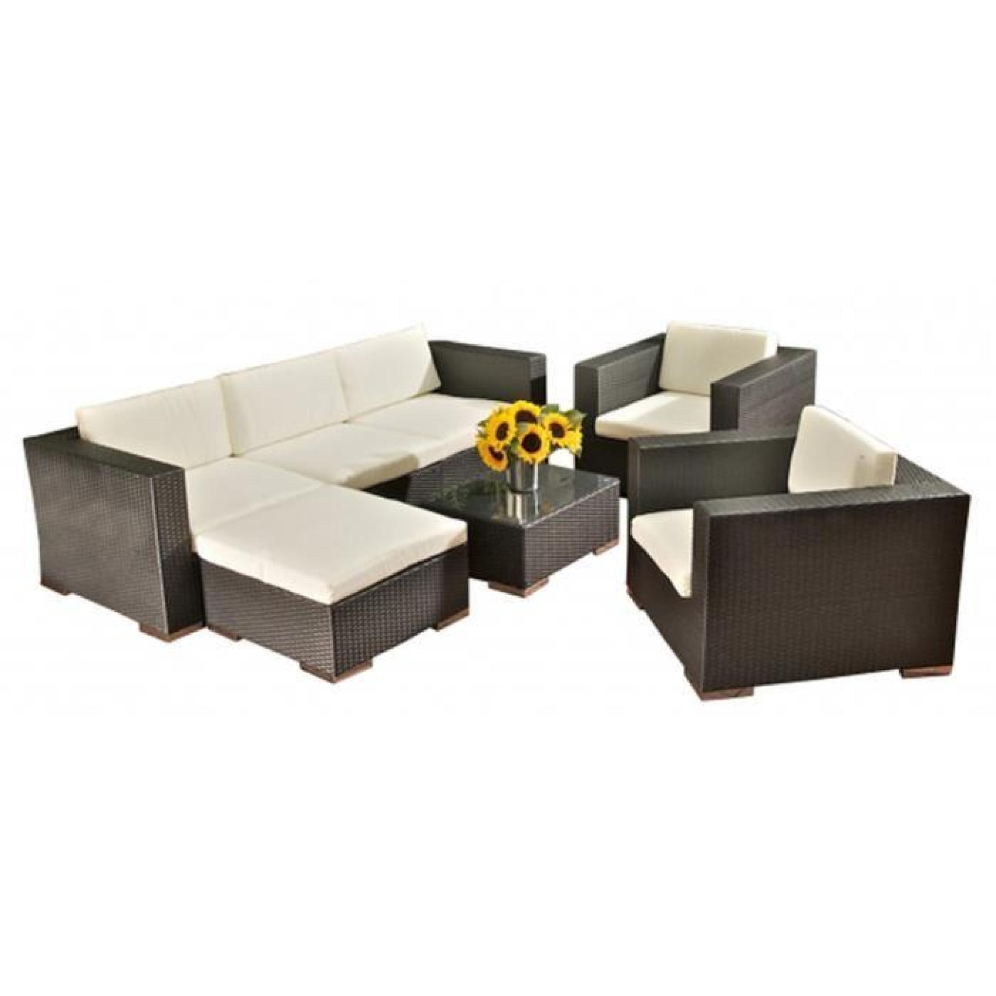 Ensemble d'un canapé de 3 places et 2 fauteuils d'une place et  table de jardin avec  pose-pieds  en polyrotin, coloris noir