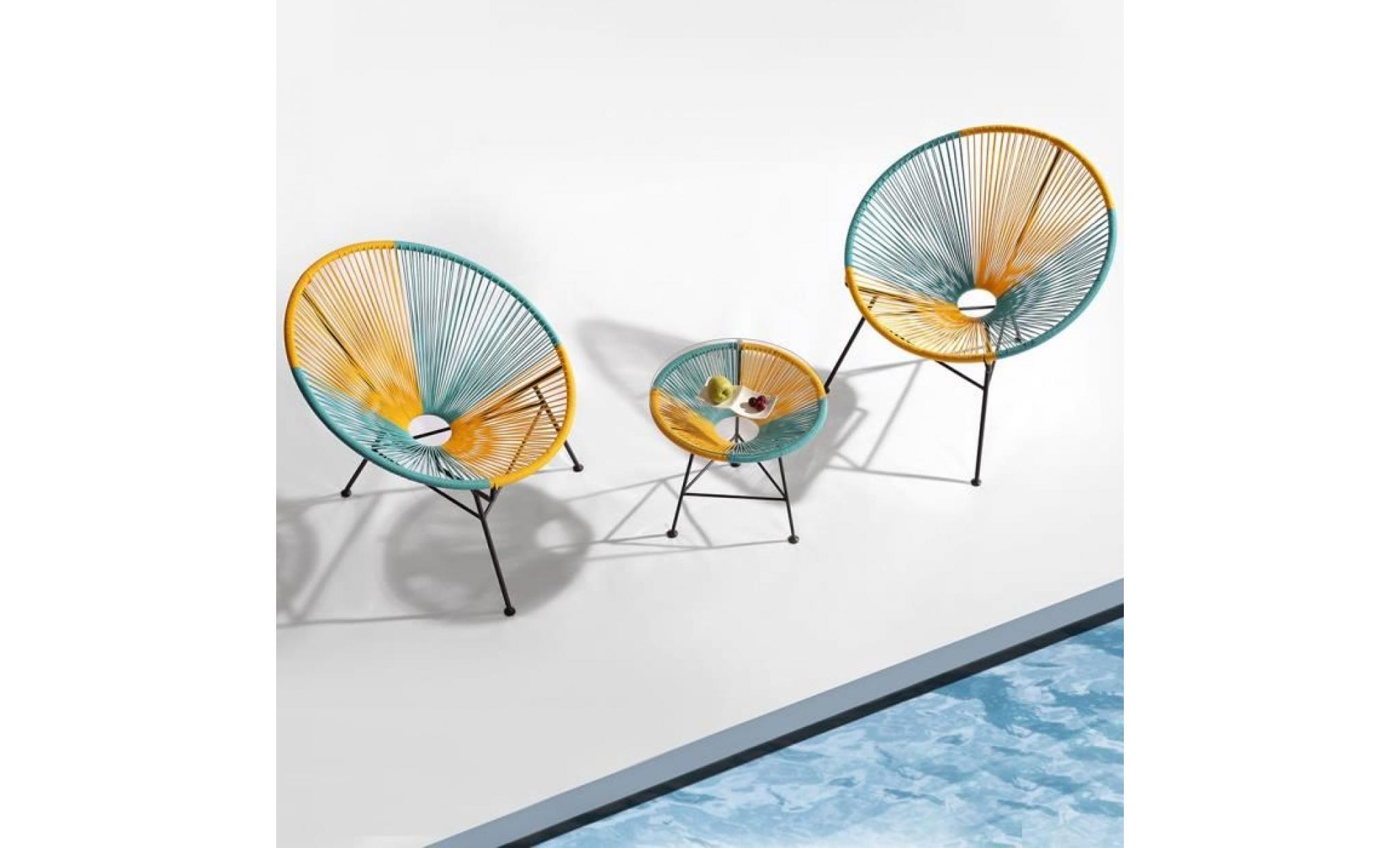 ensemble de jardin design, 2 fauteuils + 1 table bleu et jaune, salon de jarin, fauteuil de jardin