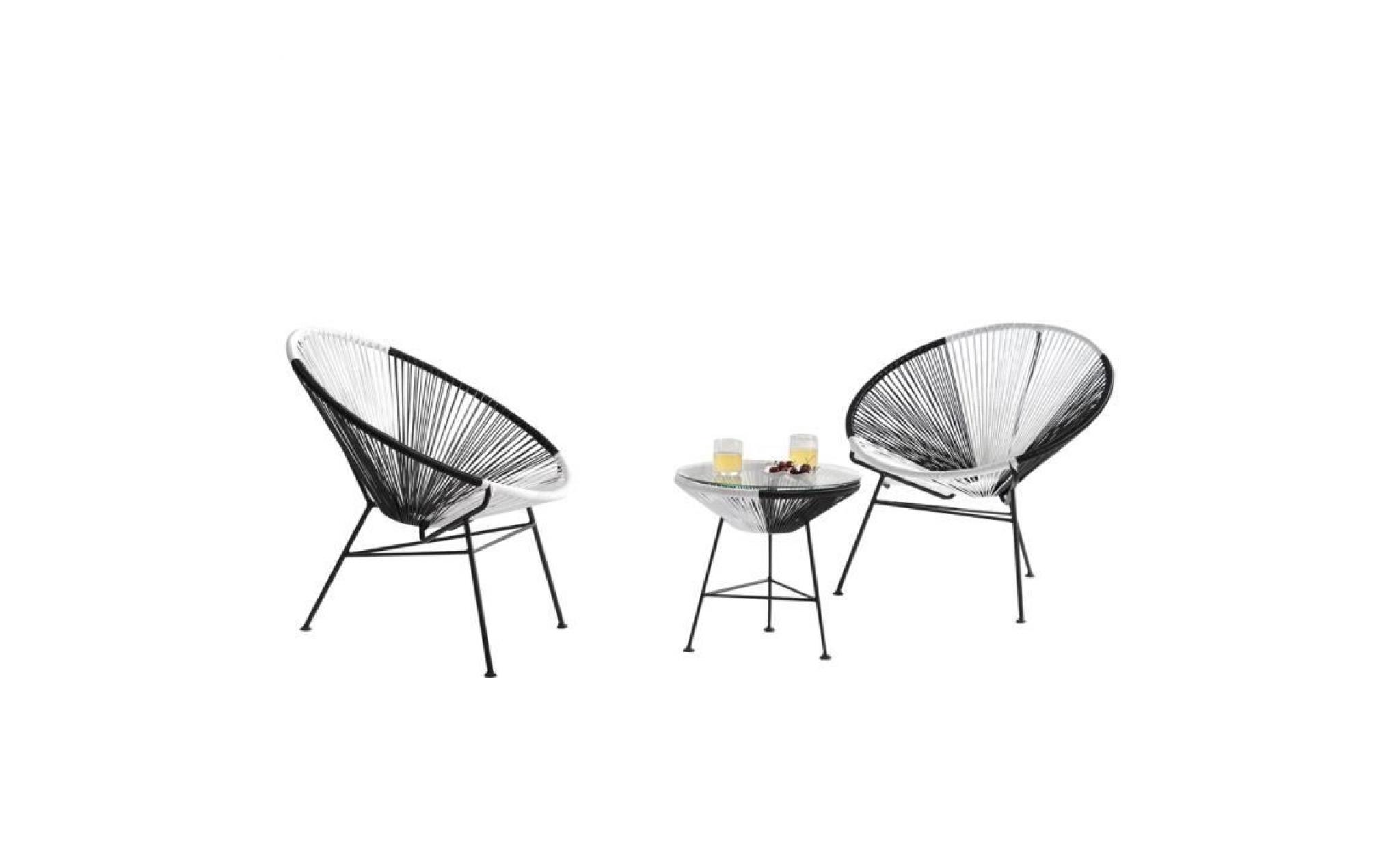 ensemble de jardin design, 2 fauteuils + 1 table noir et blanc, salon de jarin, fauteuil de jardin