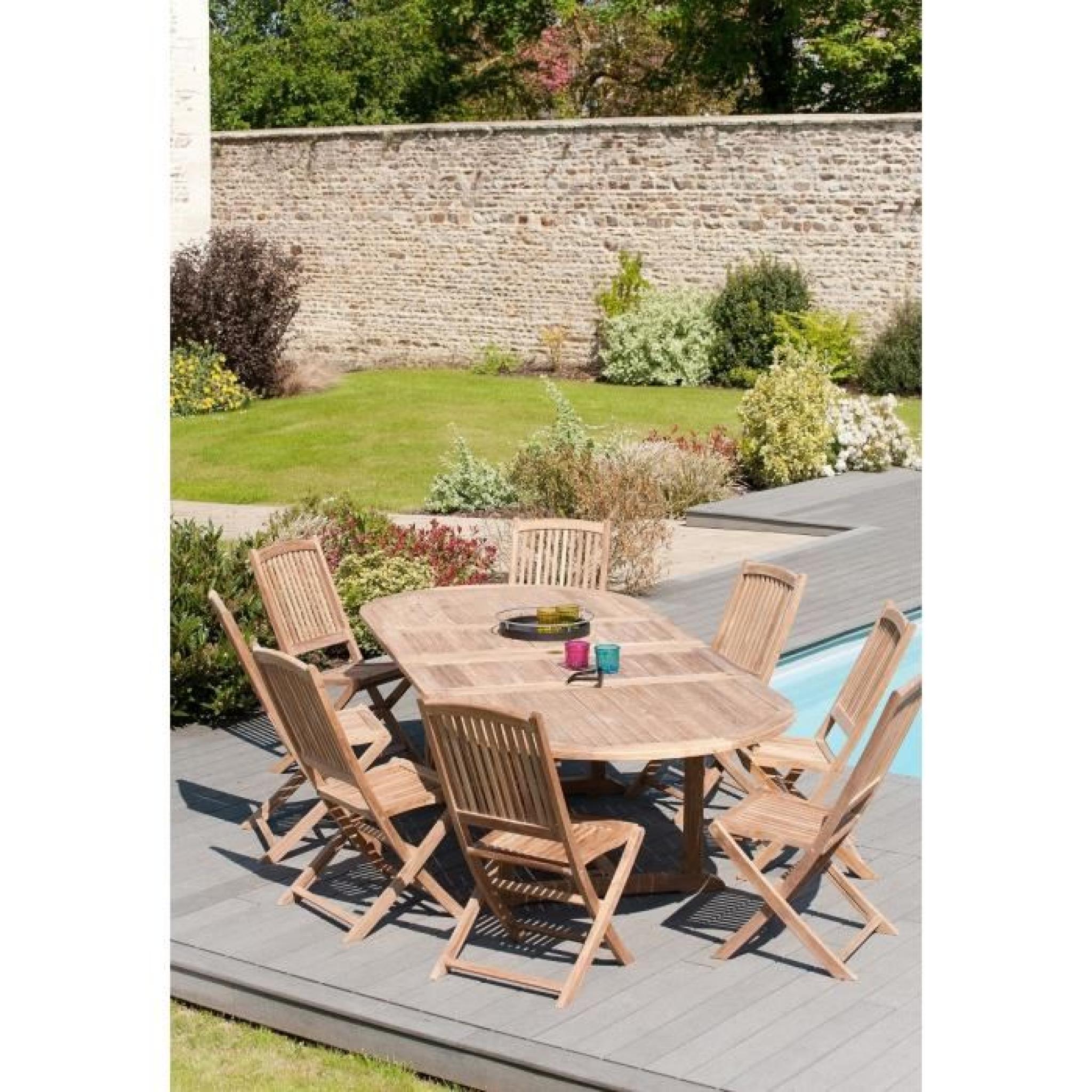 Ensemble en teck table ovale extensible de jardin 200 - 300 cm + 8 chaises pas cher