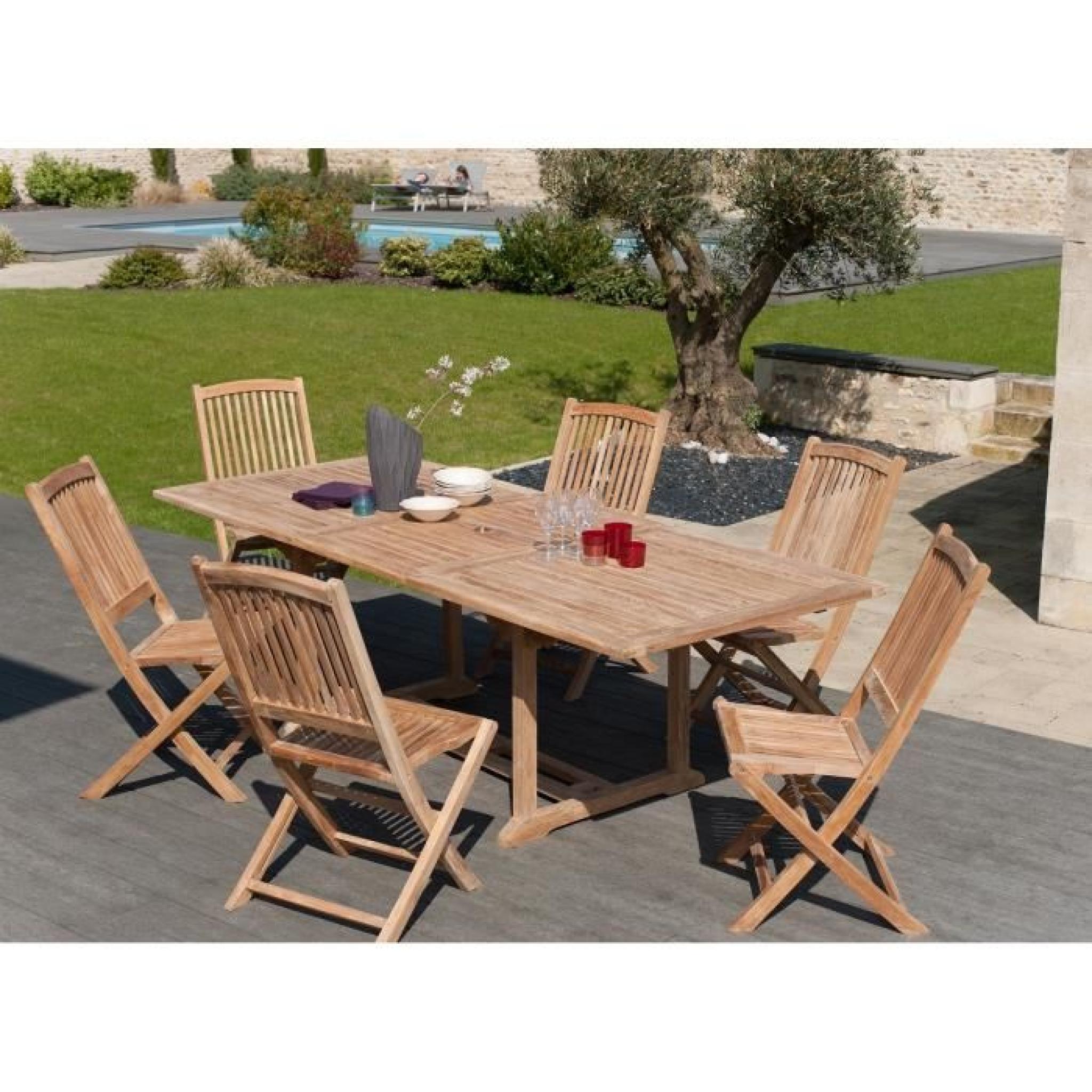 Ensemble en teck table rectangulaire extensible de jardin 180 - 240 x 100 cm et 6 chaises pas cher