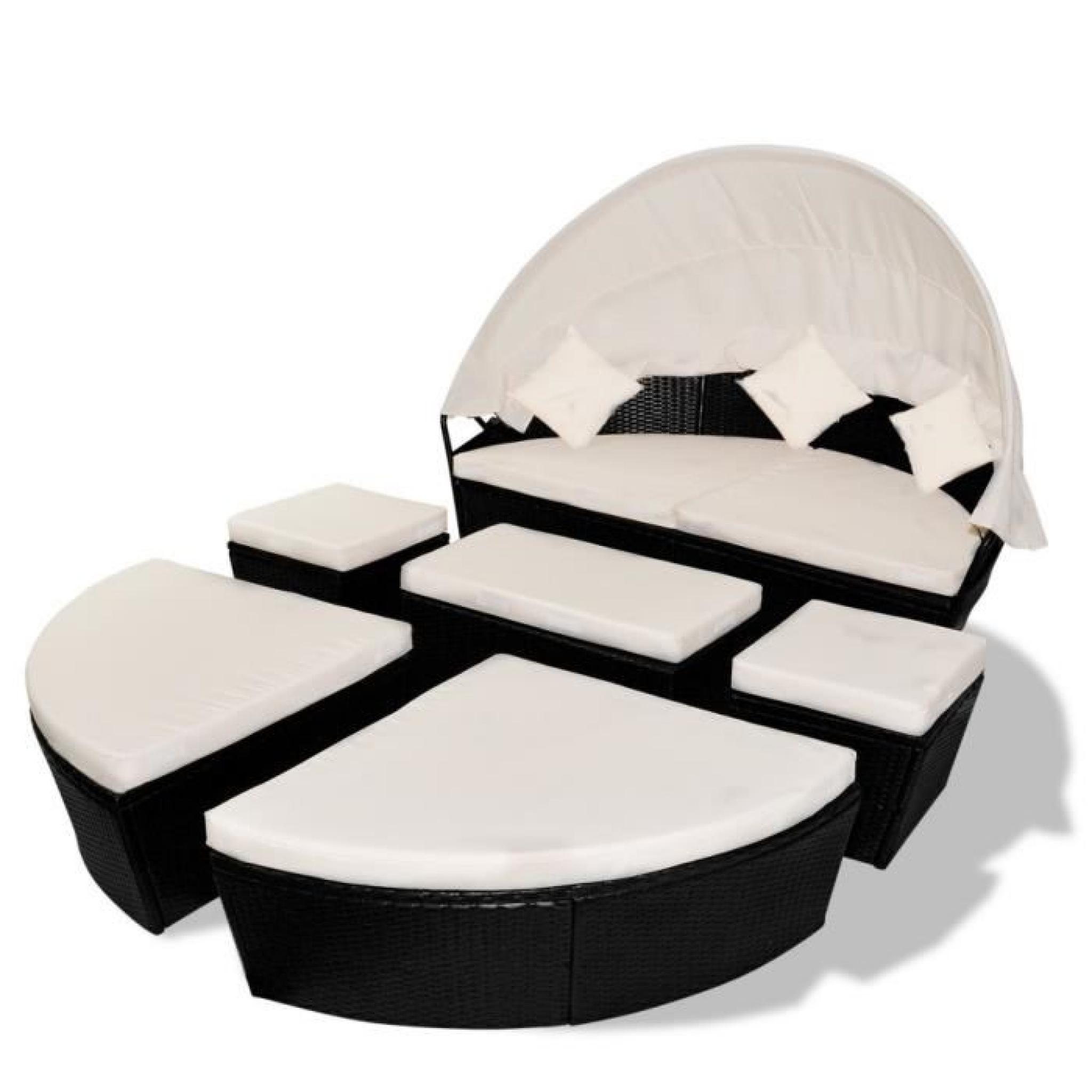 Ensembles de meubles d'exterieur Salon de jardin/bain de soleil noir 2 en 1 en polyrotin avec dais