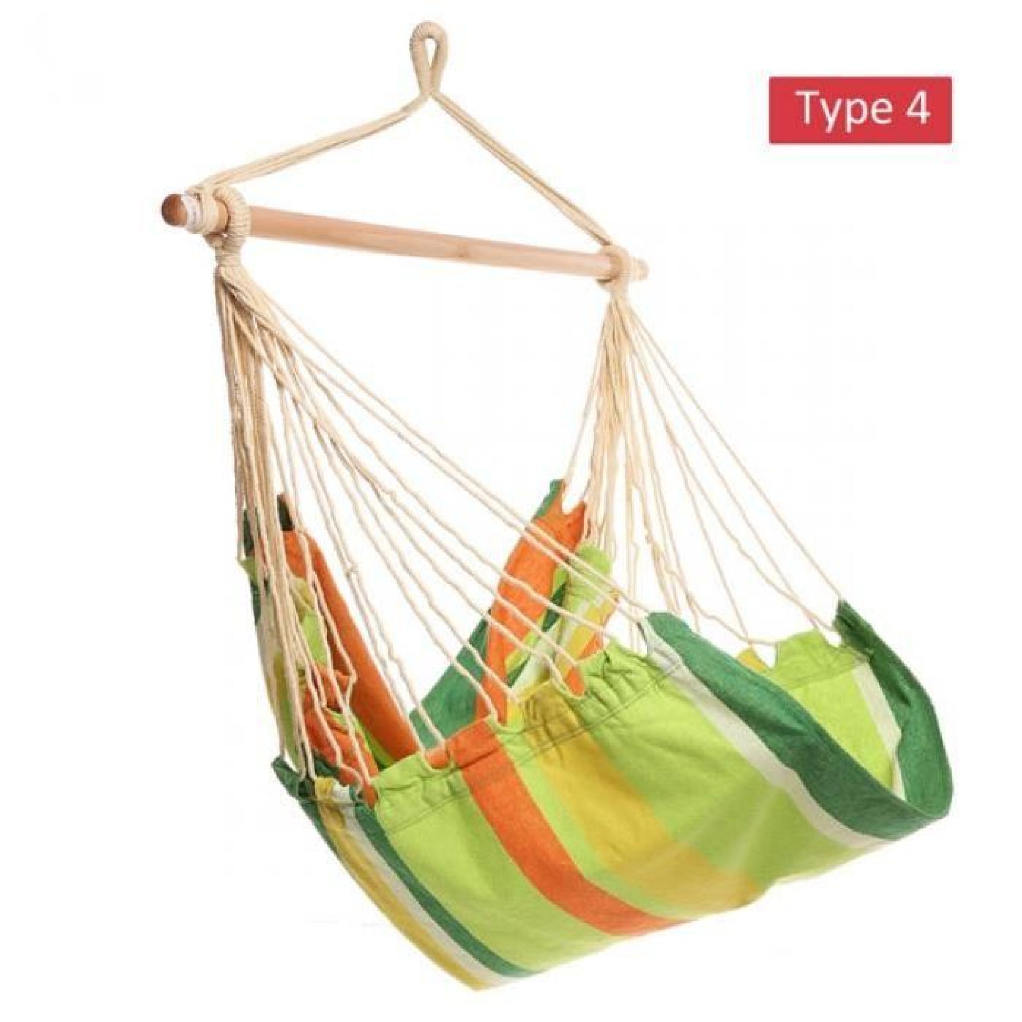 Extra longue Confortable Durable rayé suspendus chaise hamac avec brancard en bois - charge jusqu\'à 120 kg multicolore pour jard   pas cher