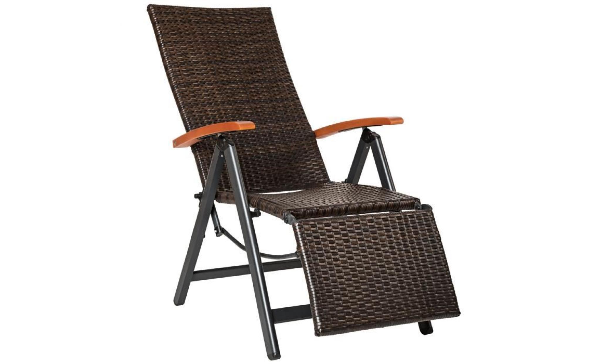 tectake fauteuil chaise longue de relaxation réglable pliant avec 1 repose pieds en résine tressée 69 cm x 58 cm x 113 cm marron pas cher