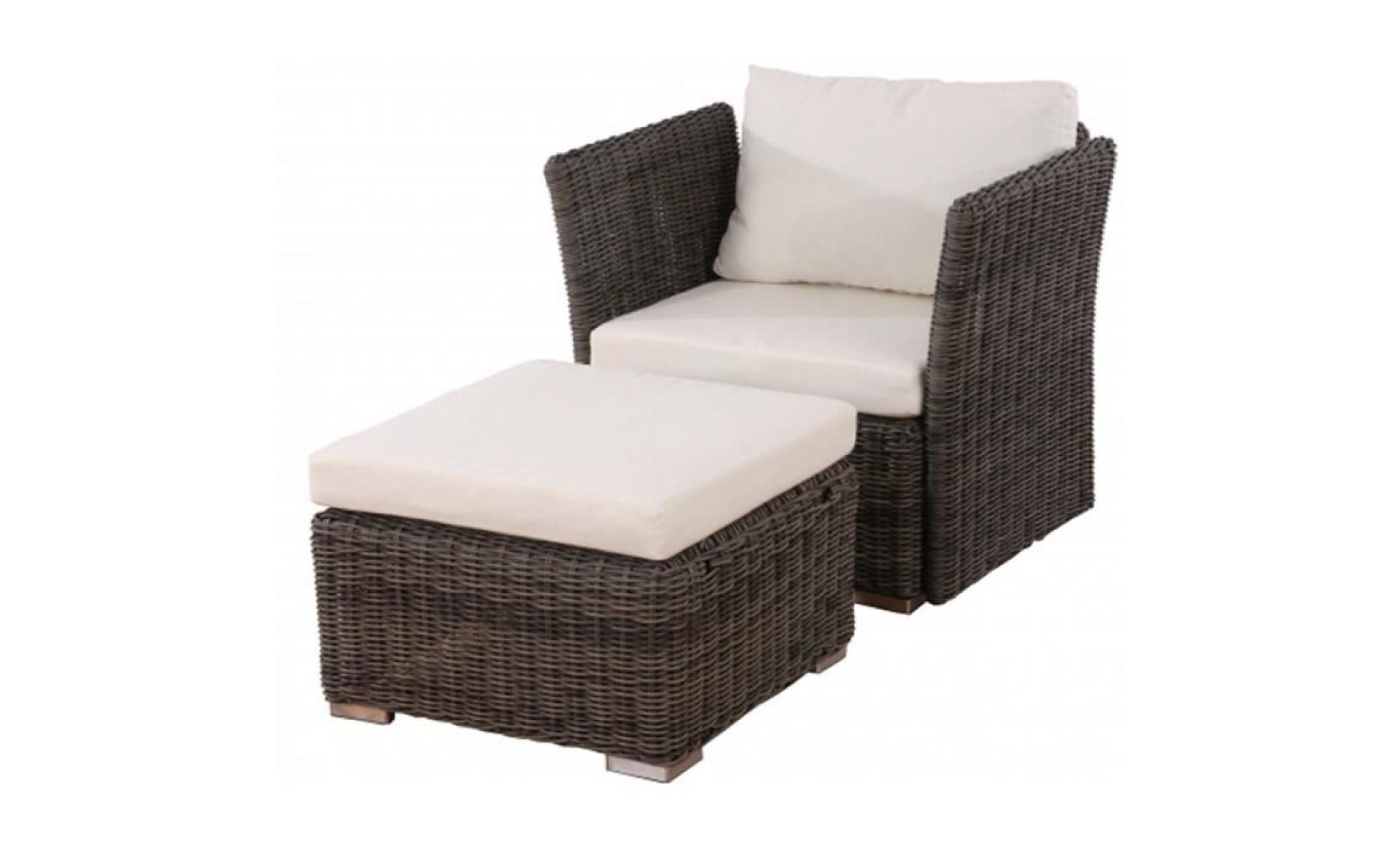 fauteuil gris + pouf gris siena avec coussins polyrotin, coloris créme