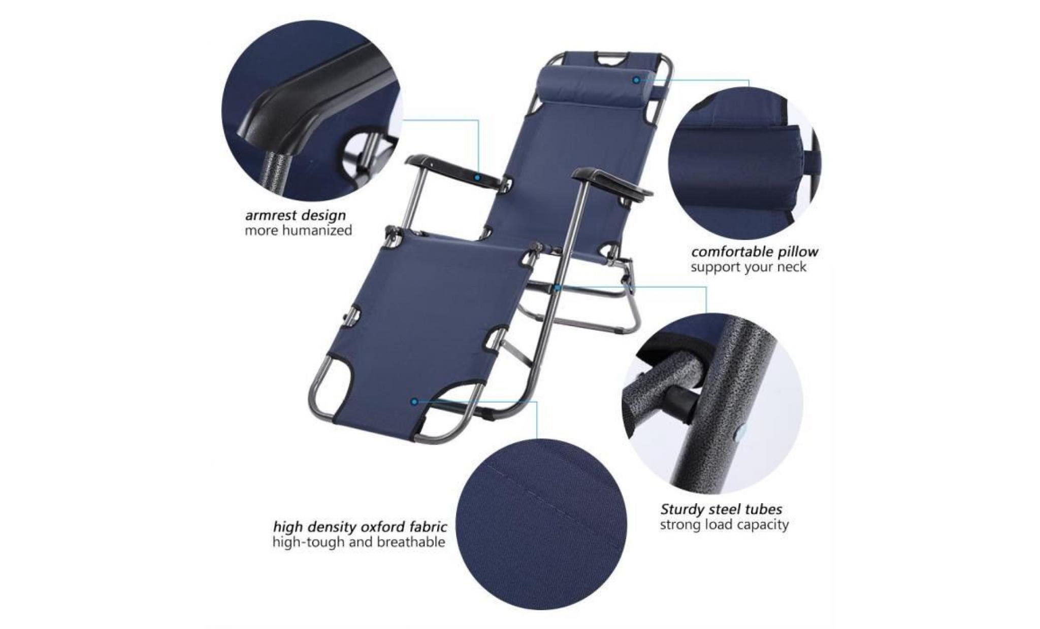 fauteuil  inclinable lounge chaise portable pliant camping plage balcon jardin avec accoudoir (bleu) pas cher