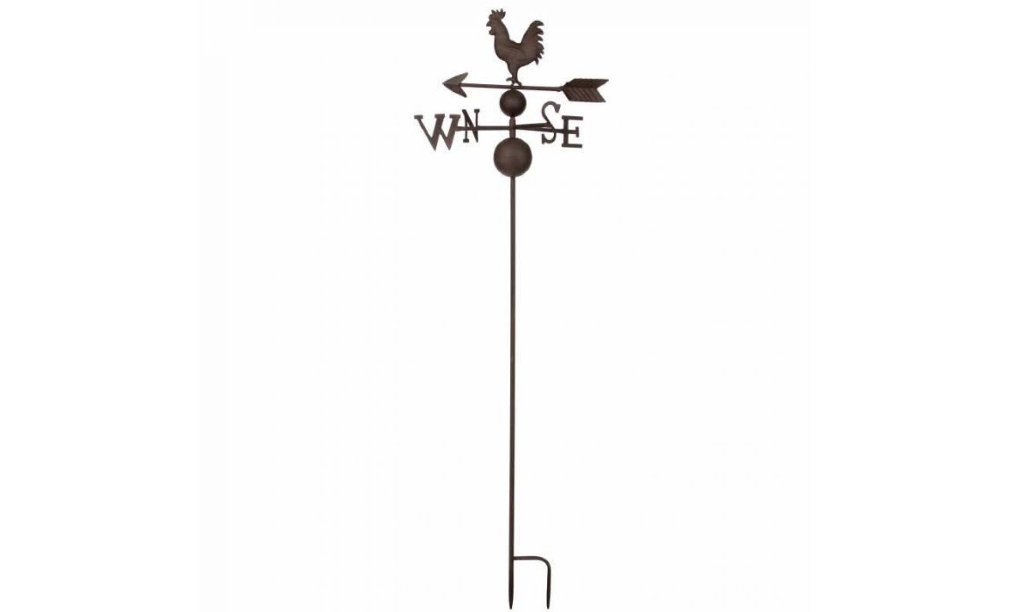 girouette à piquer avec 4 points cardinaux décoration de jardin motif coq et flèche 2 pics en fer patiné marron 33x33x127cm