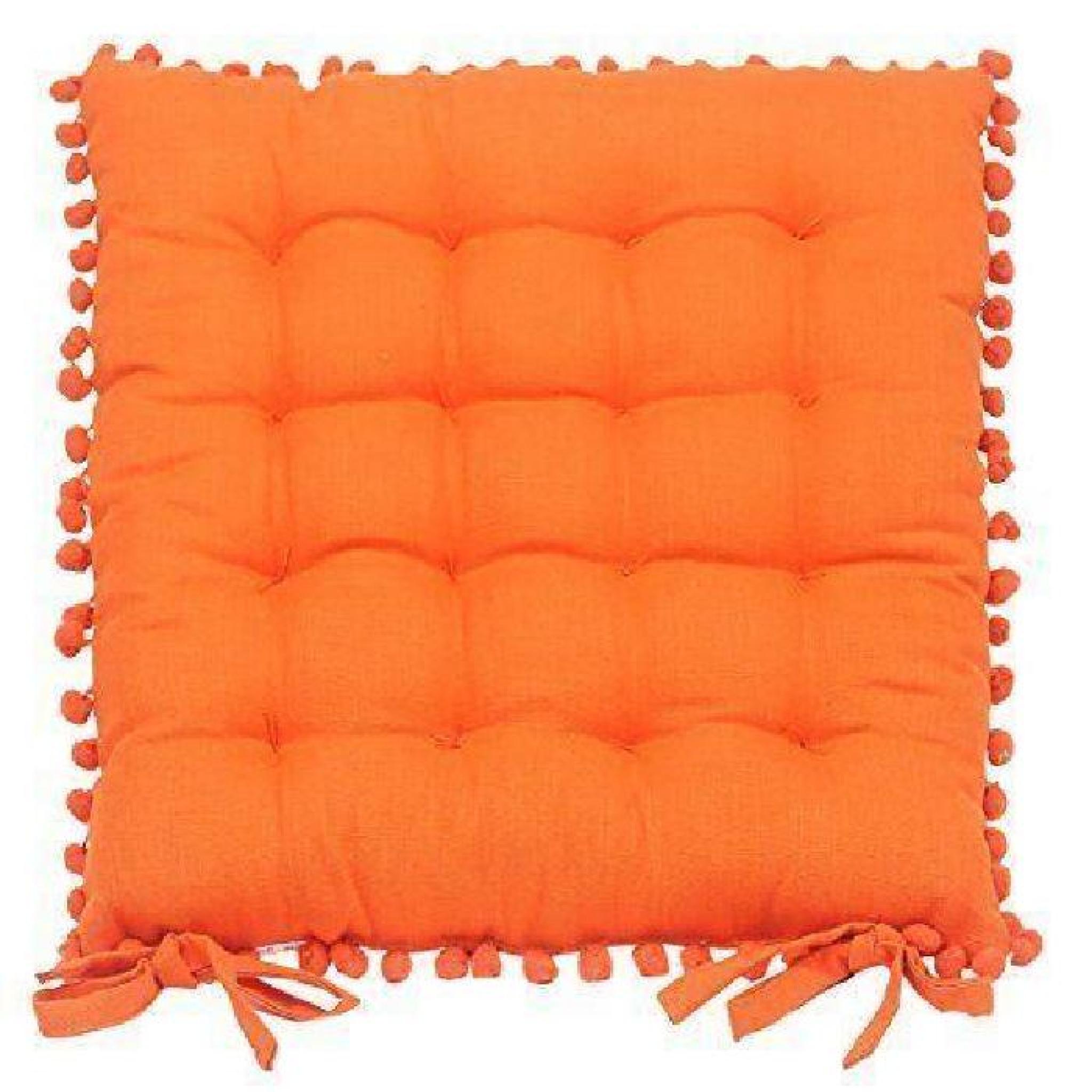 Home Stories 08863 Bouly Galette de Chaise Piquée avec Pompons Tissu/Coton Orange 40 x 40 x 3 cm pas cher