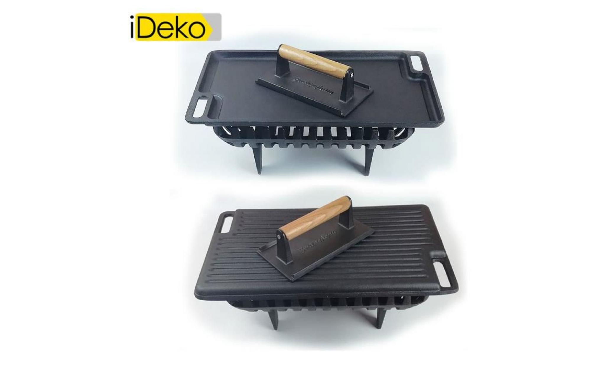 ideko®plaque plancha barbecue à gaz en fonte reversible avec manche en bois pliable pas cher