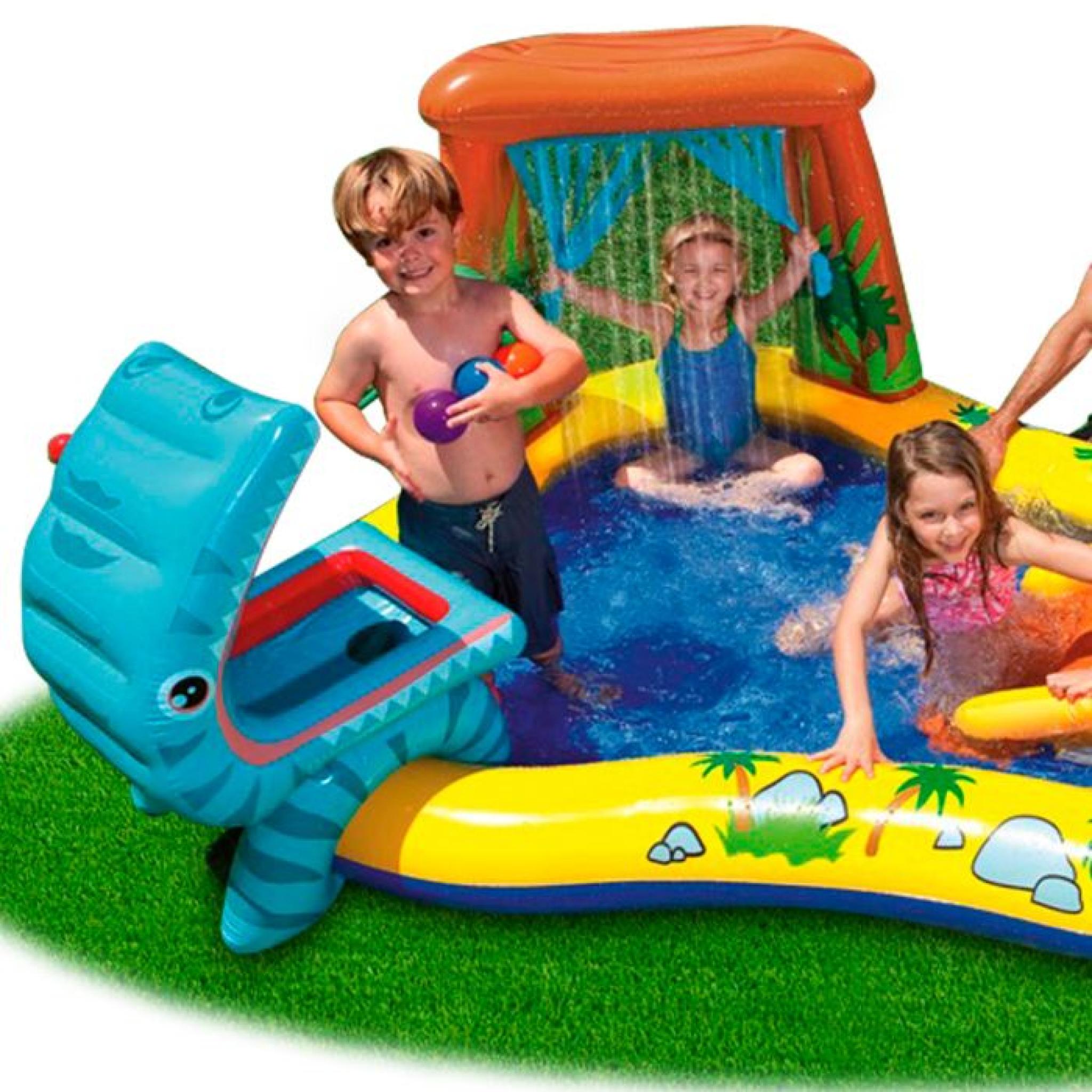 INTEX Piscine gonflable Enfant / Aire De Jeux aquatique 297 x 193 x 135 cm Rainbow avec Toboggan, Sprayer, Anneaux Gonflables et Bal pas cher