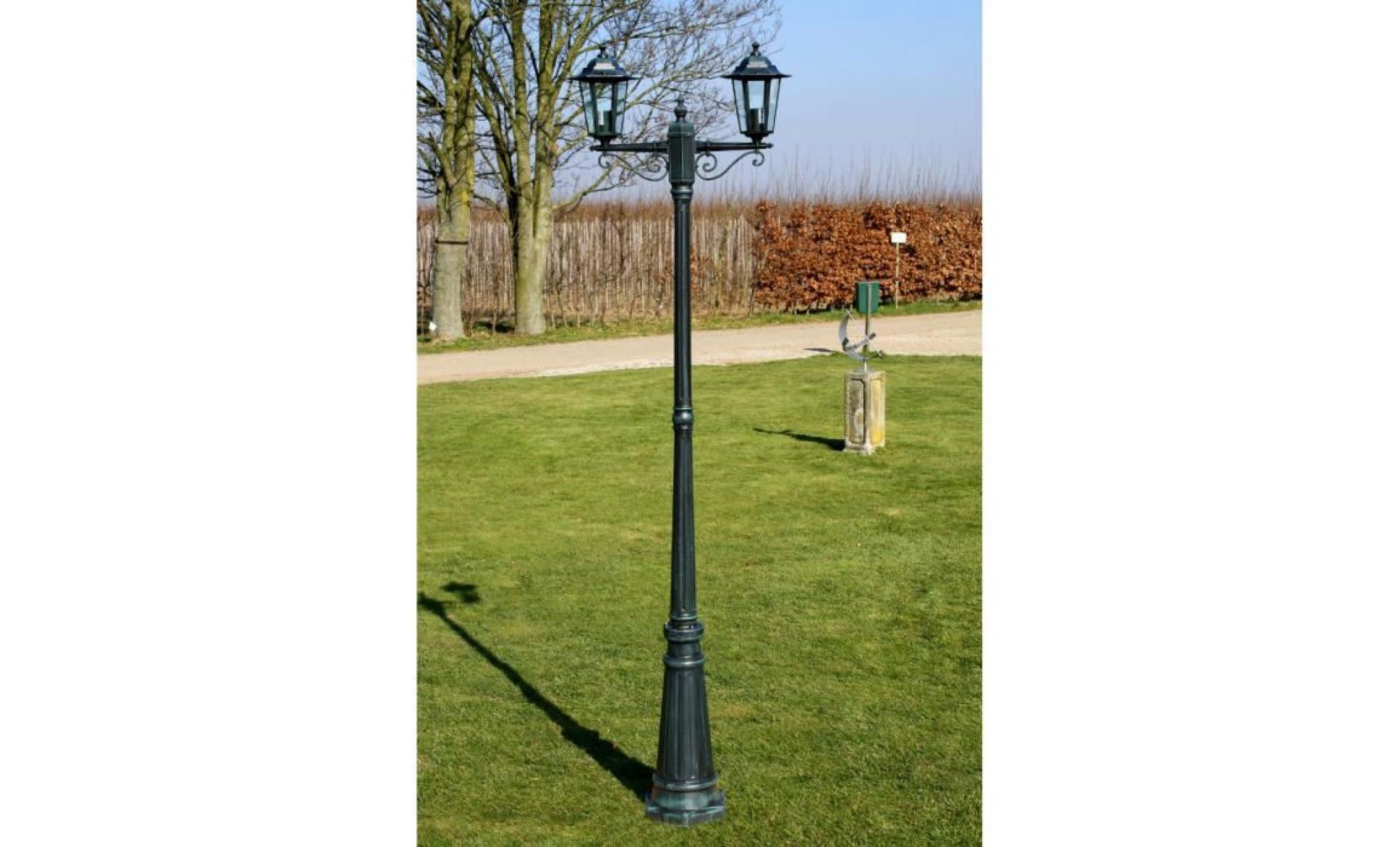 lampadaire d'extérieur vert foncé en aluminium hauteur 215 cm lampe de jardin avec 2 lanternes en verre transparent