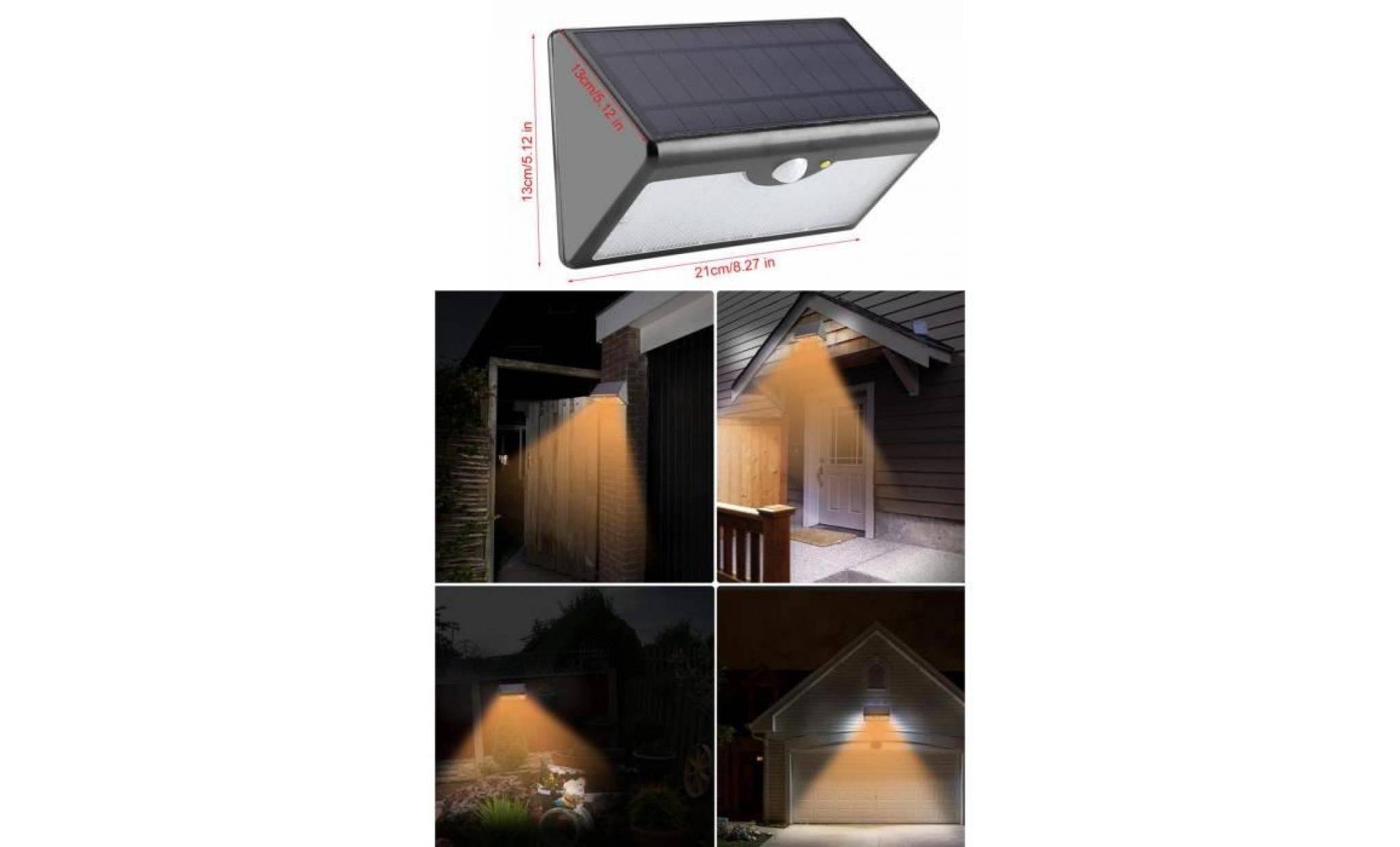 lampe solaire murale avec capteur blanc chaud détecteur de mouvements, luminaire extérieur résistant à l'eau 5 modes + télécommande pas cher