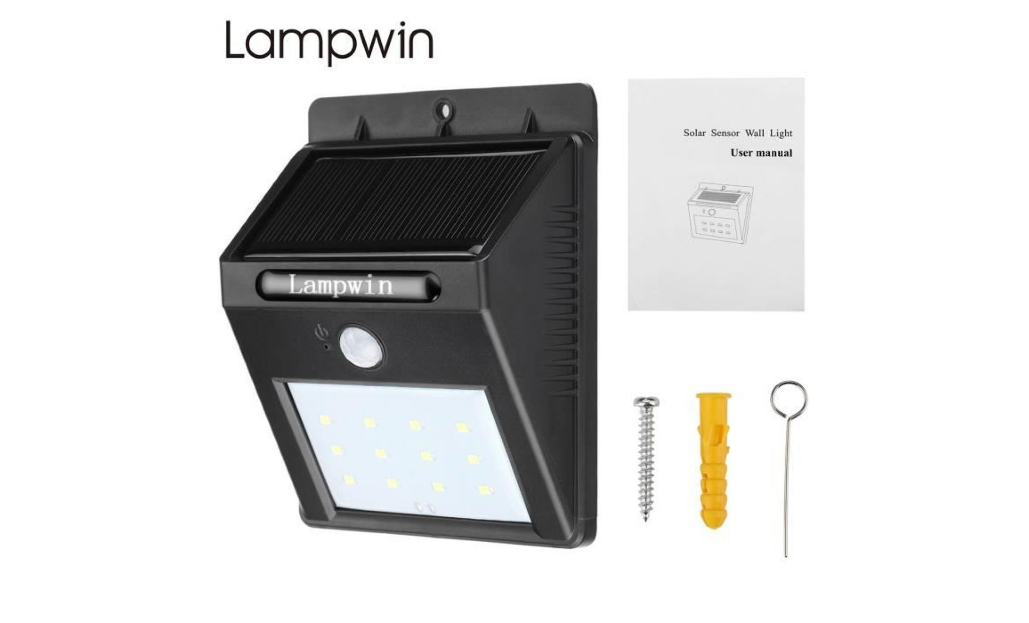 lampwin eclairage 12 led applique solaire avec detecteur de mouvement luminaire exterieur ip64 3.7v led lampe jardin noir pas cher