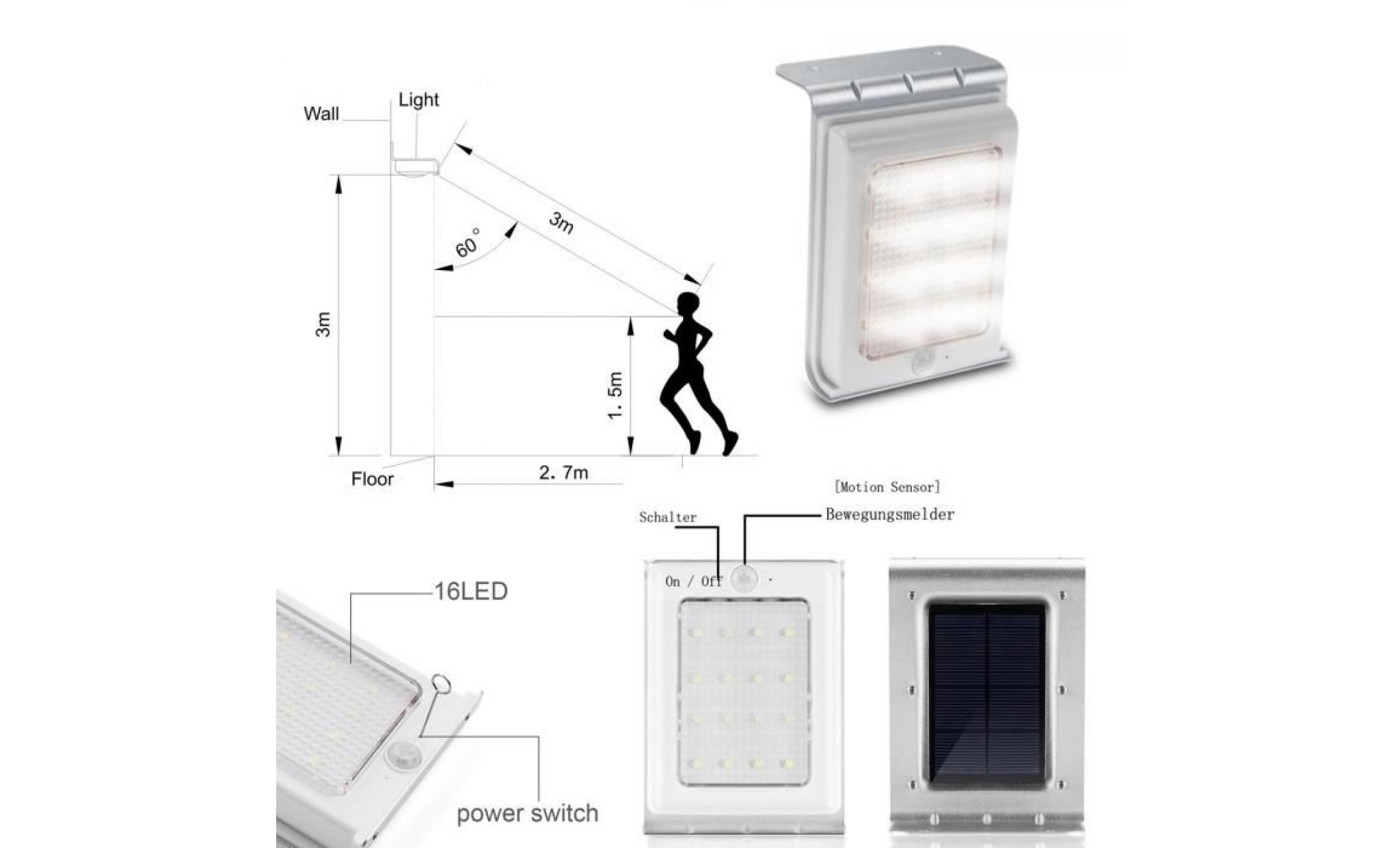 lcc® lampe solaire à détecteur de mouvement 16 led (batterie 900 mah , portée 3 mètres , 12 heures d'autonomie)   argenté pas cher